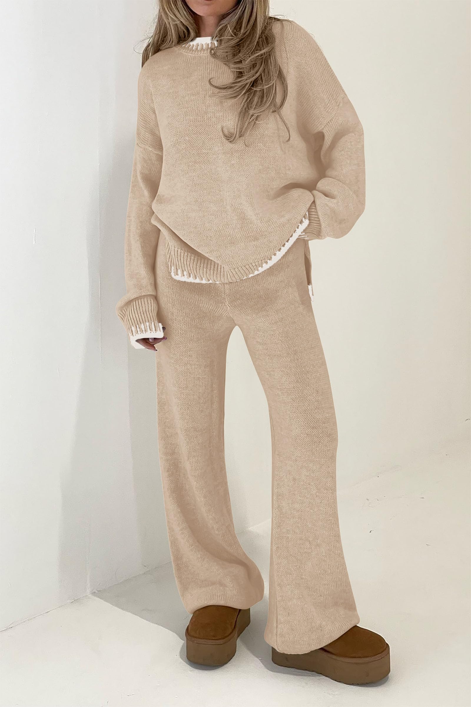 PRETTYGARDEN Women's 2 Piece Knit Sweater Outfit Casual Long Sleeve Pullover Wide Leg Pants Tracksuit Loungewear Set