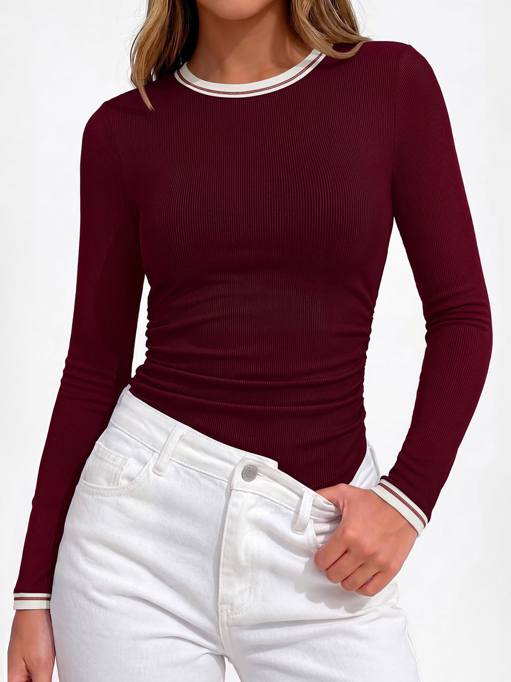 BTFBM Ribbed Long Sleeve Shirts for Women Fitted Underscrub Contrasting Crew High Neck, Ruched Side, Y2k Going Out Tops, Date Night Outfit, Work Top, Winter Fall Fashion Clothing