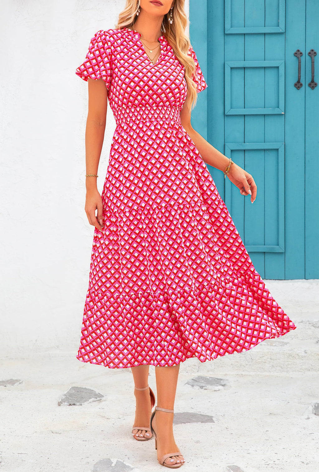 PRETTYGARDEN Summer Maxi Dresses for Women  Casual V Neck Puff Short Sleeve Smocked Flowy Beach Boho Long Floral Dress