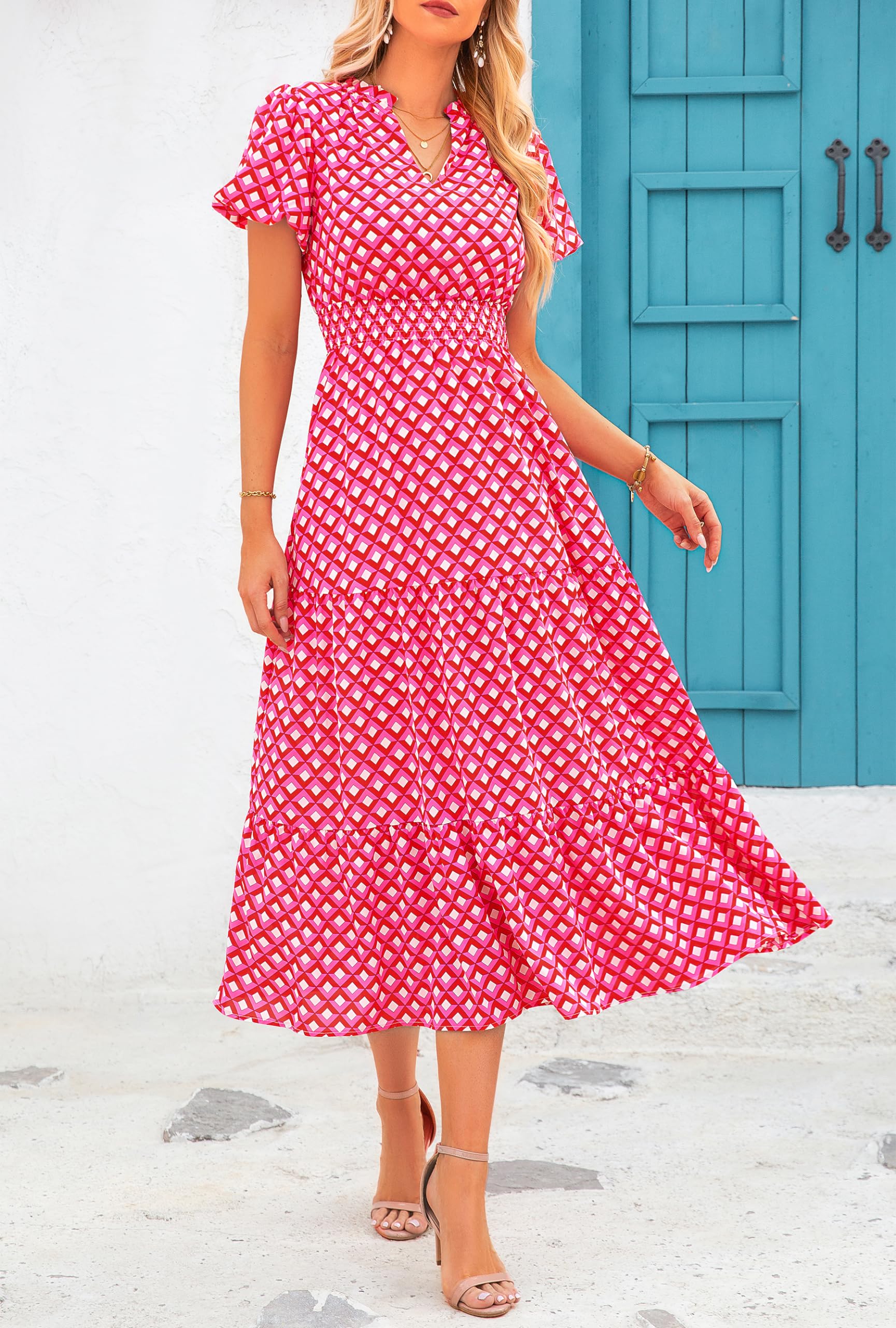 PRETTYGARDEN Summer Maxi Dresses for Women  Casual V Neck Puff Short Sleeve Smocked Flowy Beach Boho Long Floral Dress