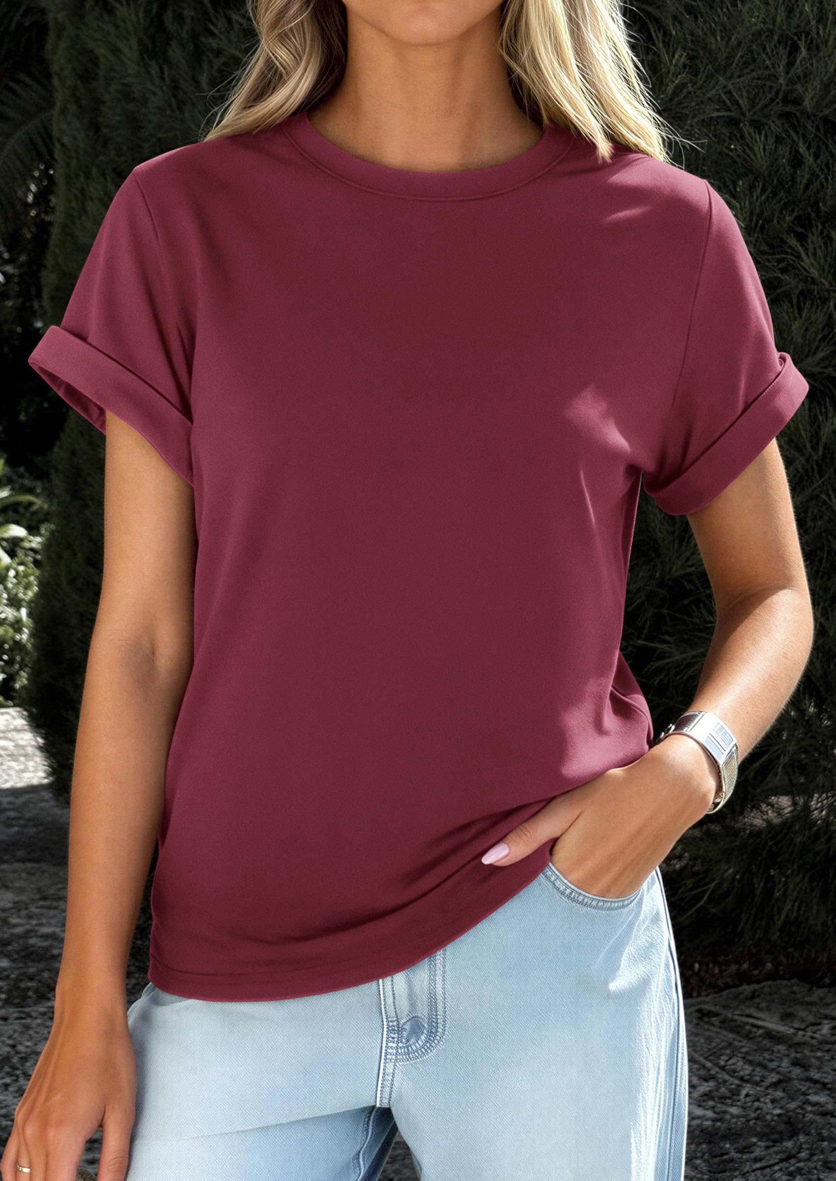 PRETTYGARDEN Womens Summer Tops Spring Casual Rolled Short Sleeve Basic Tees Crew Neck Work Shirts Fashion Clothing