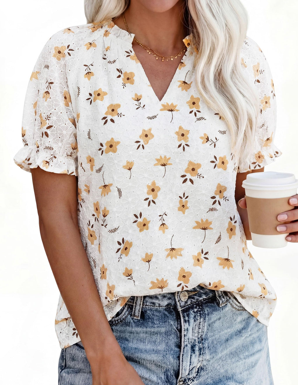 PRETTYGARDEN Summer Short Sleeve V Neck Shirts for Women Trendy Floral Print Loose Ruffle Tops Business Casual Blouses