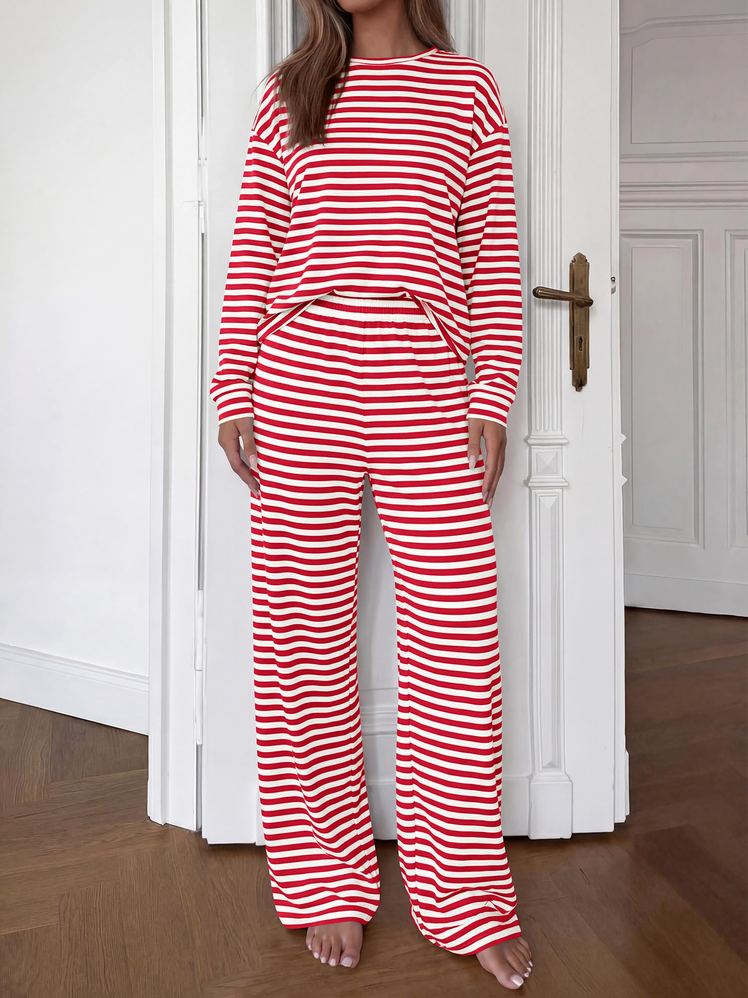 BTFBM Striped Lounge Set Sweatsuits Women 2 Piece Outfit | Womens Pajama Sets, Crew Neck Sweatshirt and Wide Leg Pants, Pockets, Airport, Travel, Vacation Outfits, Fall Winter Clothes