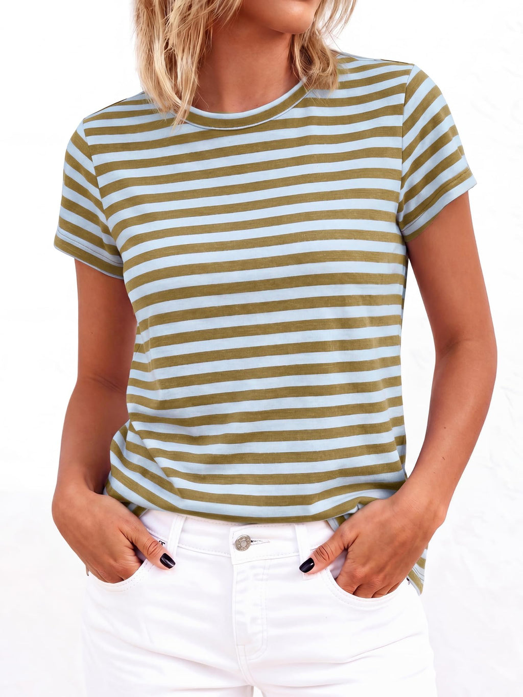 BTFBM Tops for Women Trendy Summer Crew Neck Short Sleeve T Shirts Striped Casual Vacation Blouse Basic Tee