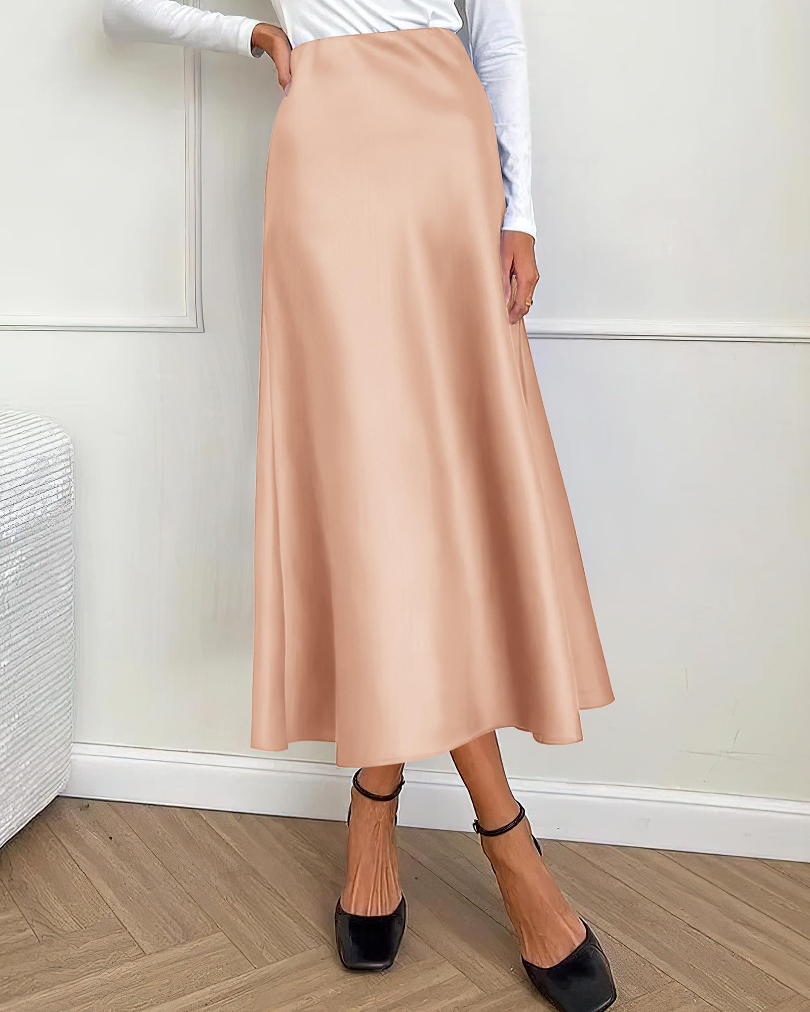 BTFBM Summer Womens Skirts Silk Elegant High Waist Flowy Long Satin A-Line Midi Skirt Cocktail Wedding Party