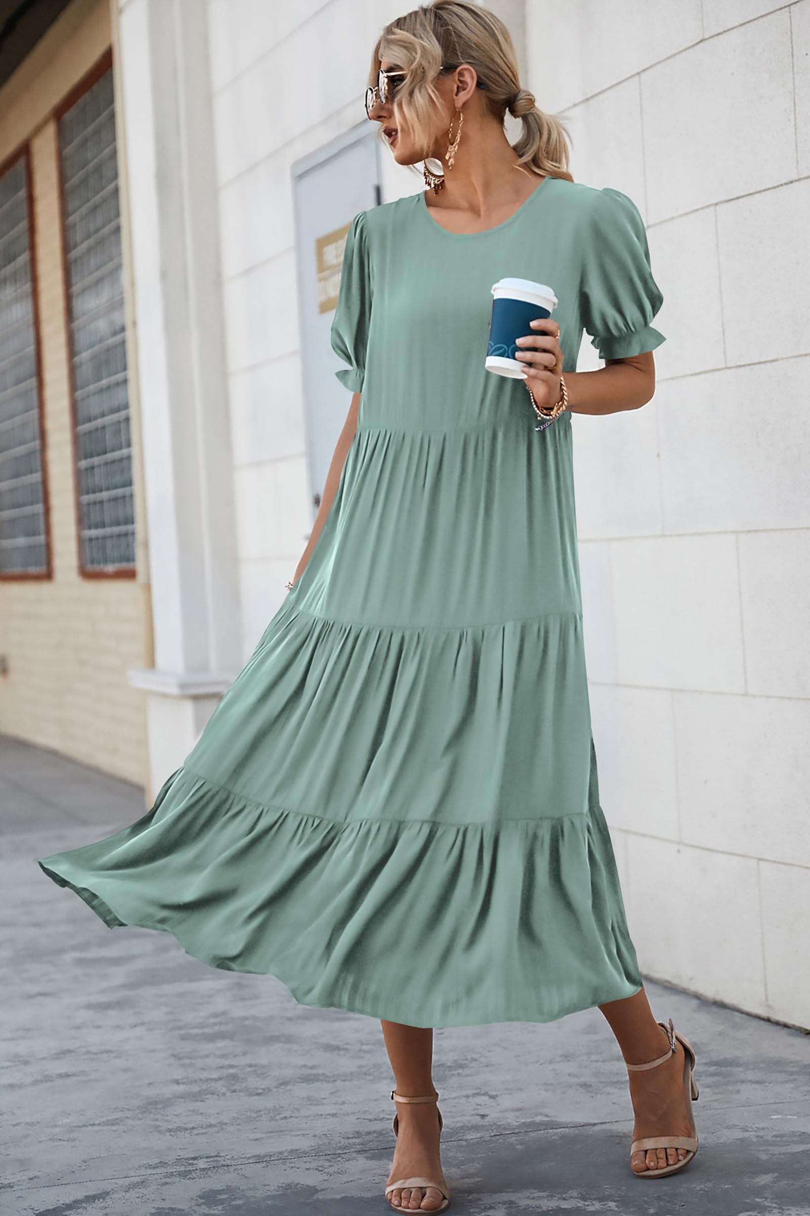 PRETTYGARDEN Summer Dresses for Women Casual Floral Boho Midi Sun Dress Puff Short Sleeve Flowy Beach Vacation Sundress