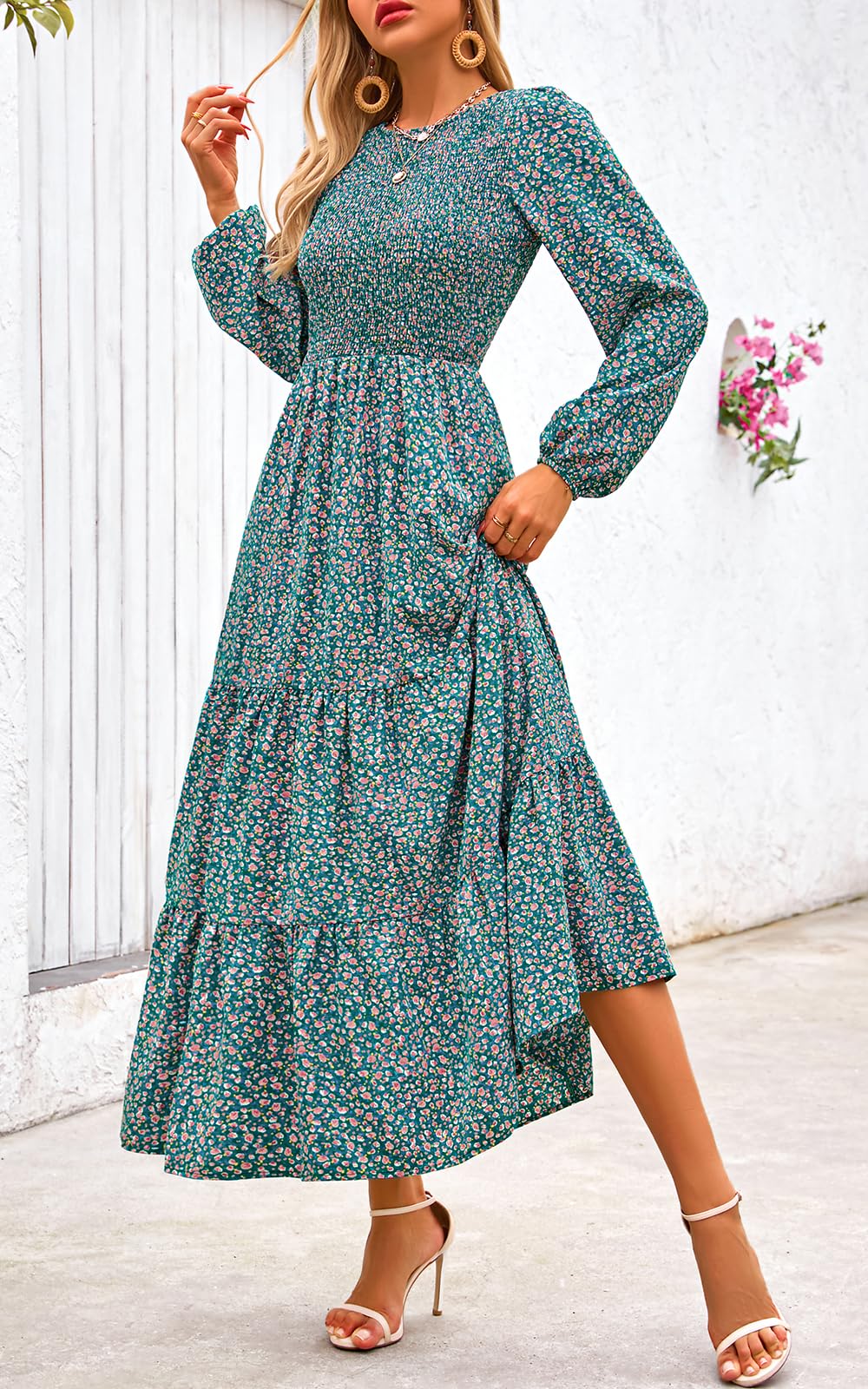 PRETTYGARDEN Women's Fall Dresses Long Sleeve Flowy Casual Floral Maxi Dress Crew Neck Smocked Tiered Long Dress