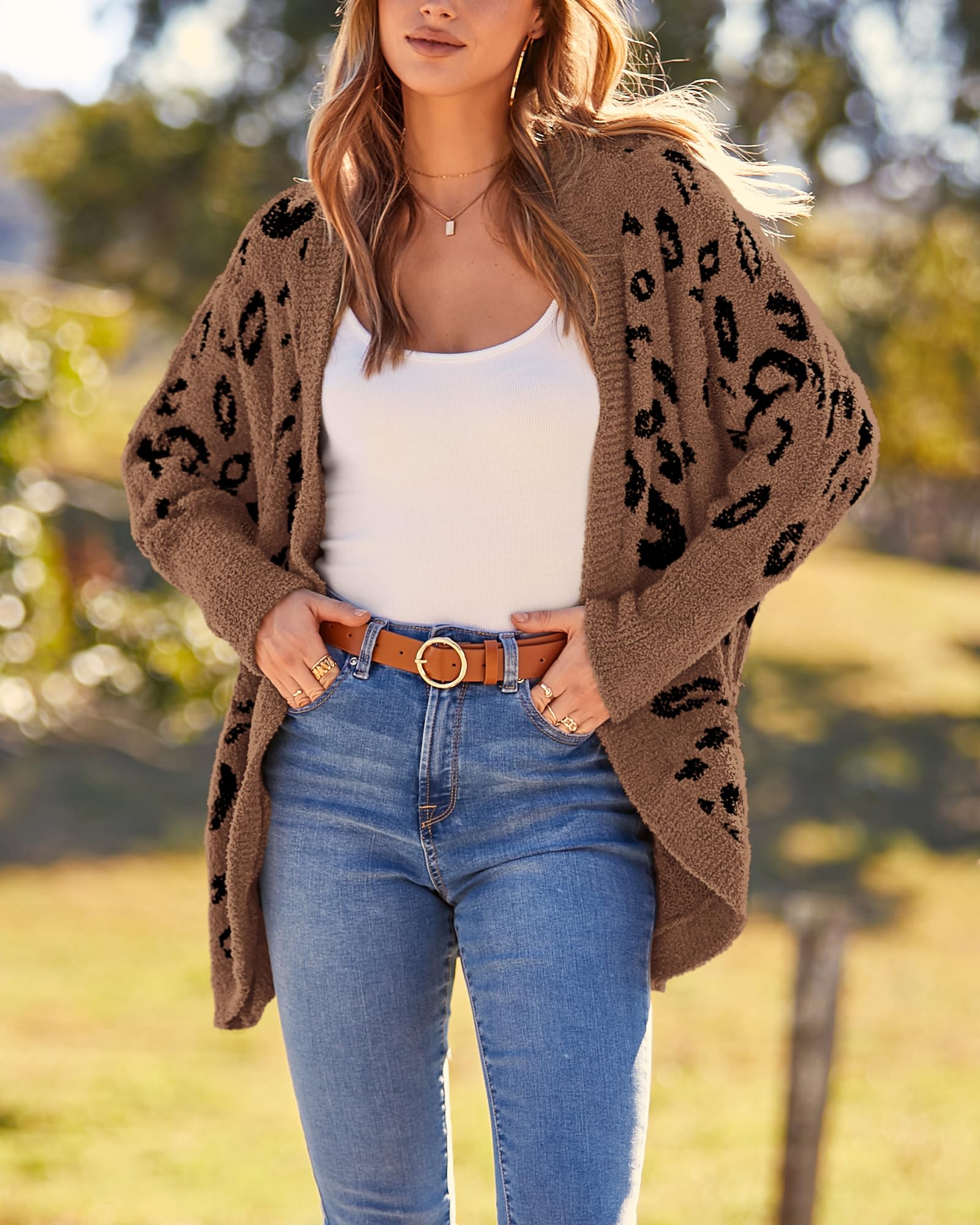 BTFBM Leopard Cardigan for Women Long Sleeve Open Front Cardigans Sweaters Pockets Loose Knit Fall Spring Outwear