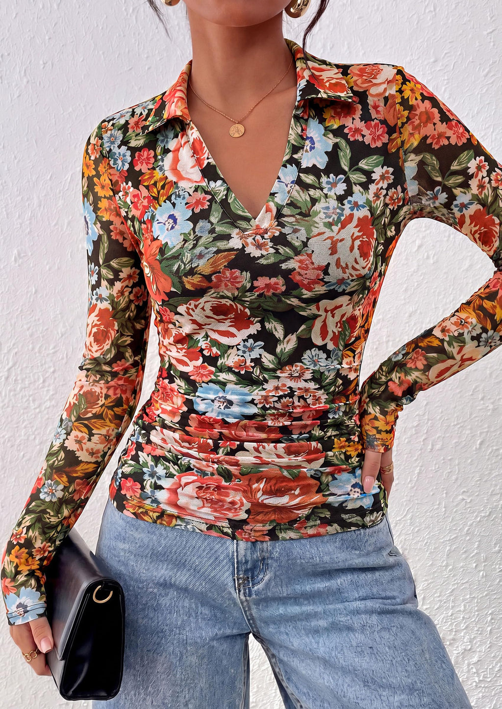 PRETTYGARDEN Women's Long Sleeve Boho Floral Mesh Tops Fall V Neck Blouses,Fitted Polo Shirts, Collared, Double Lined, Dressy Casual, Going Out Date Night Outfits, Spring Lightweight Travel Clothes