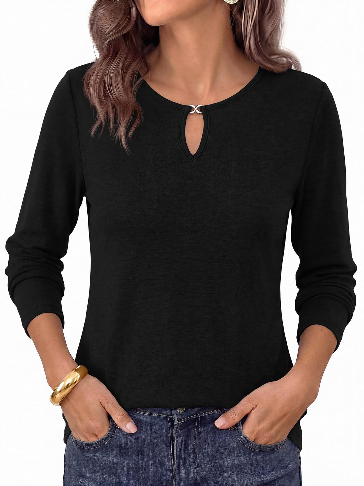 FreshPretty Long Sleeve Shirts for Women Fall Keyhole Crewneck Work Tops,Lightweight Stretchy Soft Knit Tshirt, Business Casual Basic Tees Cute Top,Relaxed Fit Blouse Daily Travel Vacation Outfits