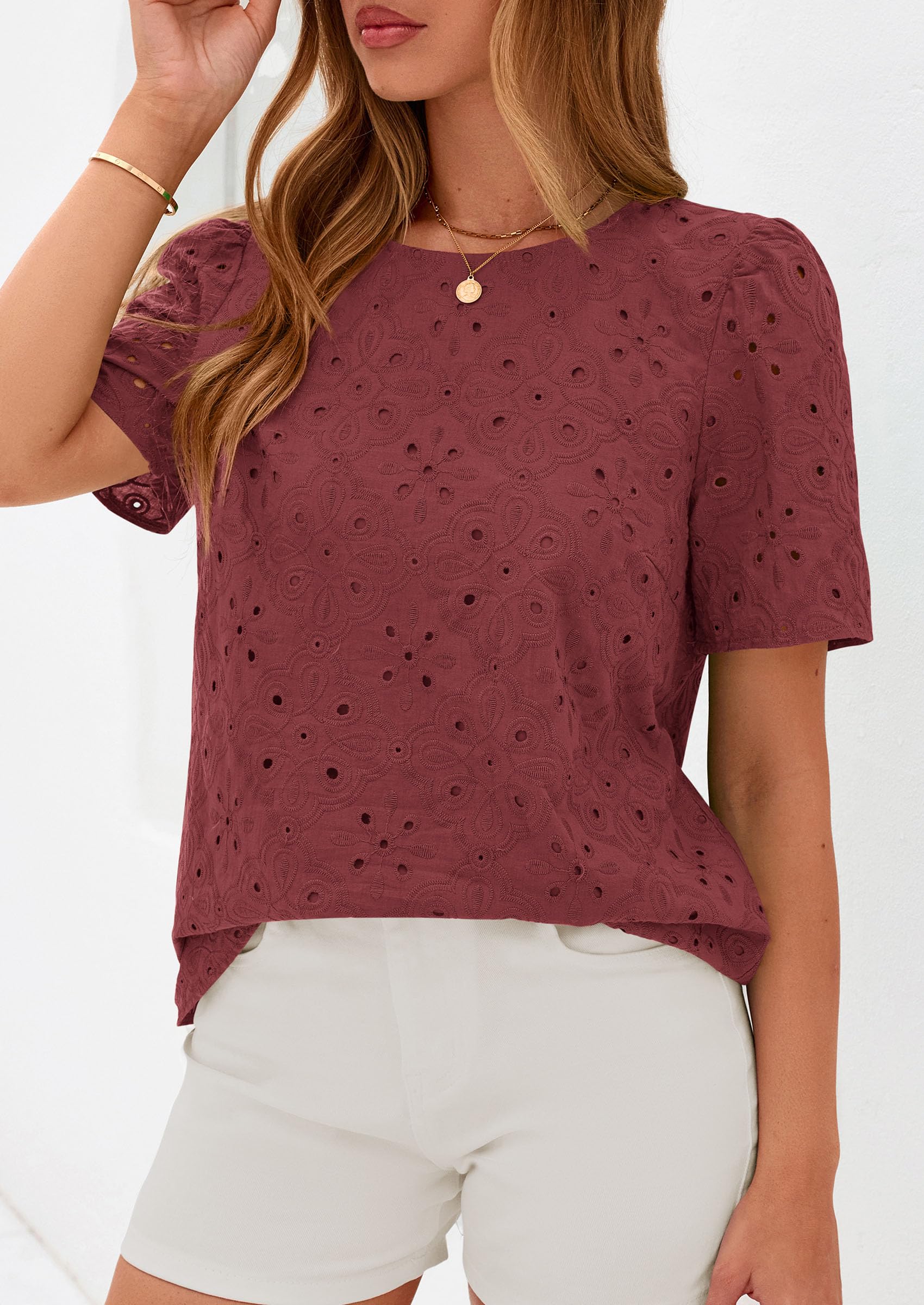PRETTYGARDEN Women's Puff Short Sleeve Eyelet Shirts Summer Lace Blouses Dressy Casual Work Tops Spring Teacher Clothes