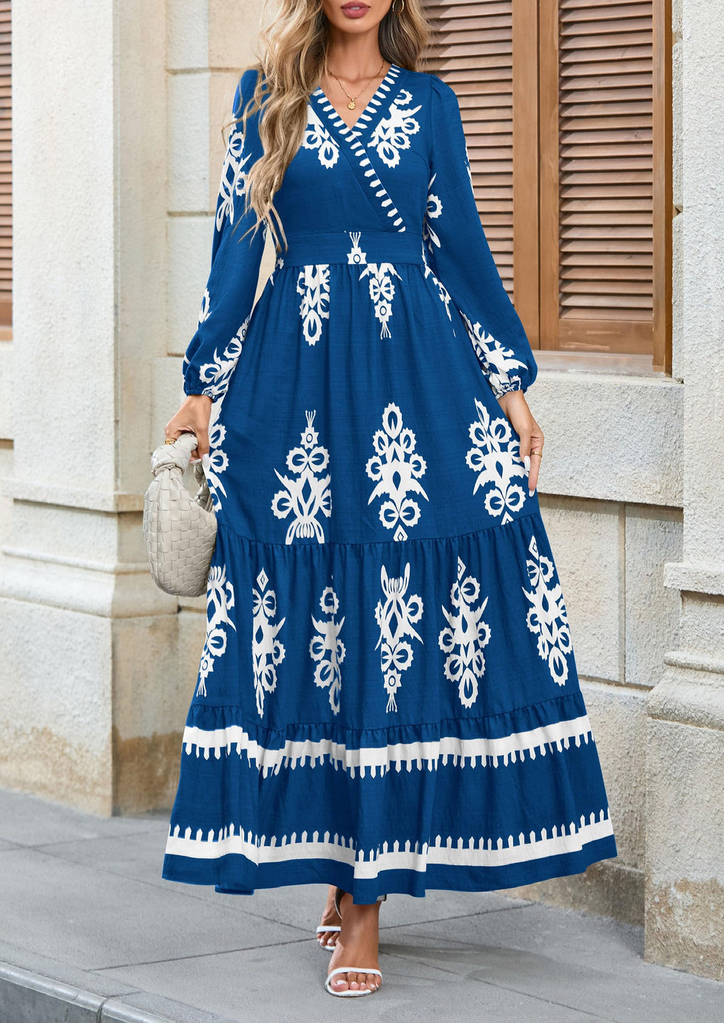 PRETTYGARDEN Women's Fall Wedding Guest Dresses Boho Floral Long Sleeve V Neck Flowy Elegant Maxi Dress Beach Clothes