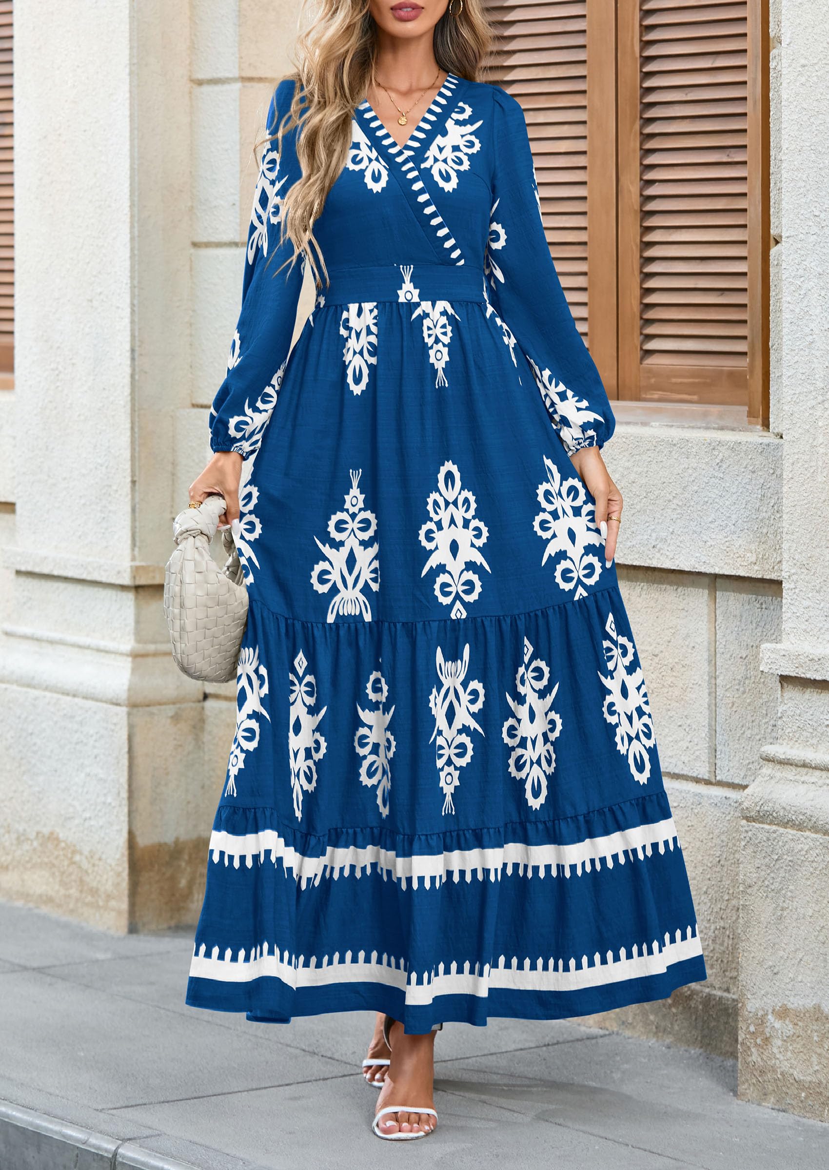 PRETTYGARDEN Women's Fall Wedding Guest Dresses Boho Floral Long Sleeve V Neck Flowy Elegant Maxi Dress Beach Clothes