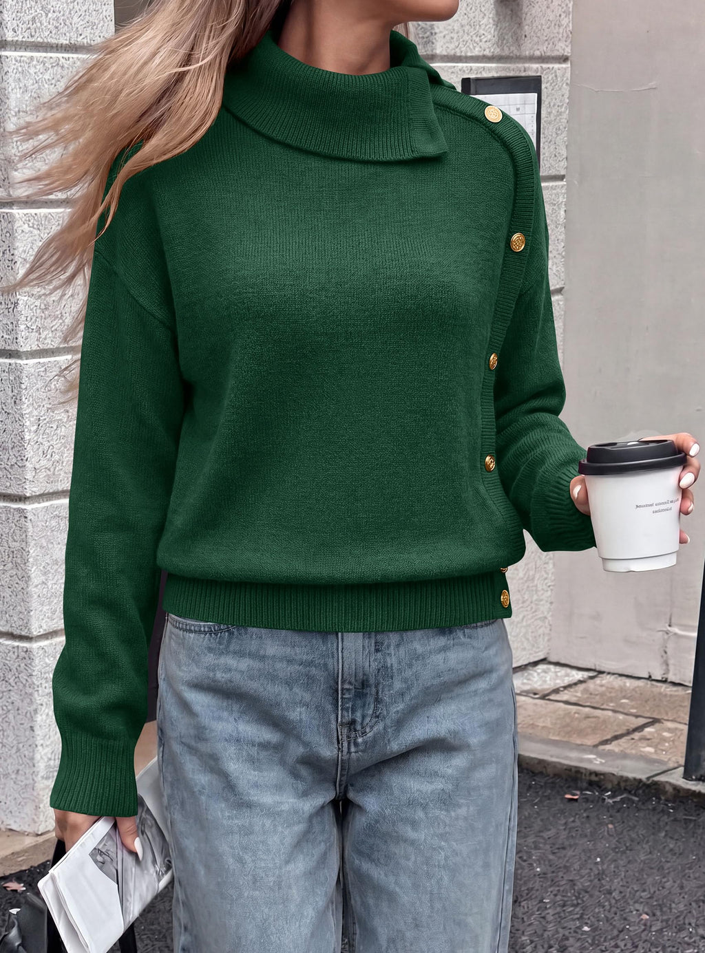 PRETTYGARDEN Womens Turtleneck Sweater Pullover Side Button Fall Clothes Stretchy Knit,Dropped Shoulder,Ribbed Cuffs,Asymmetrical,Jumper Long Sleeve Tops,Work Offices