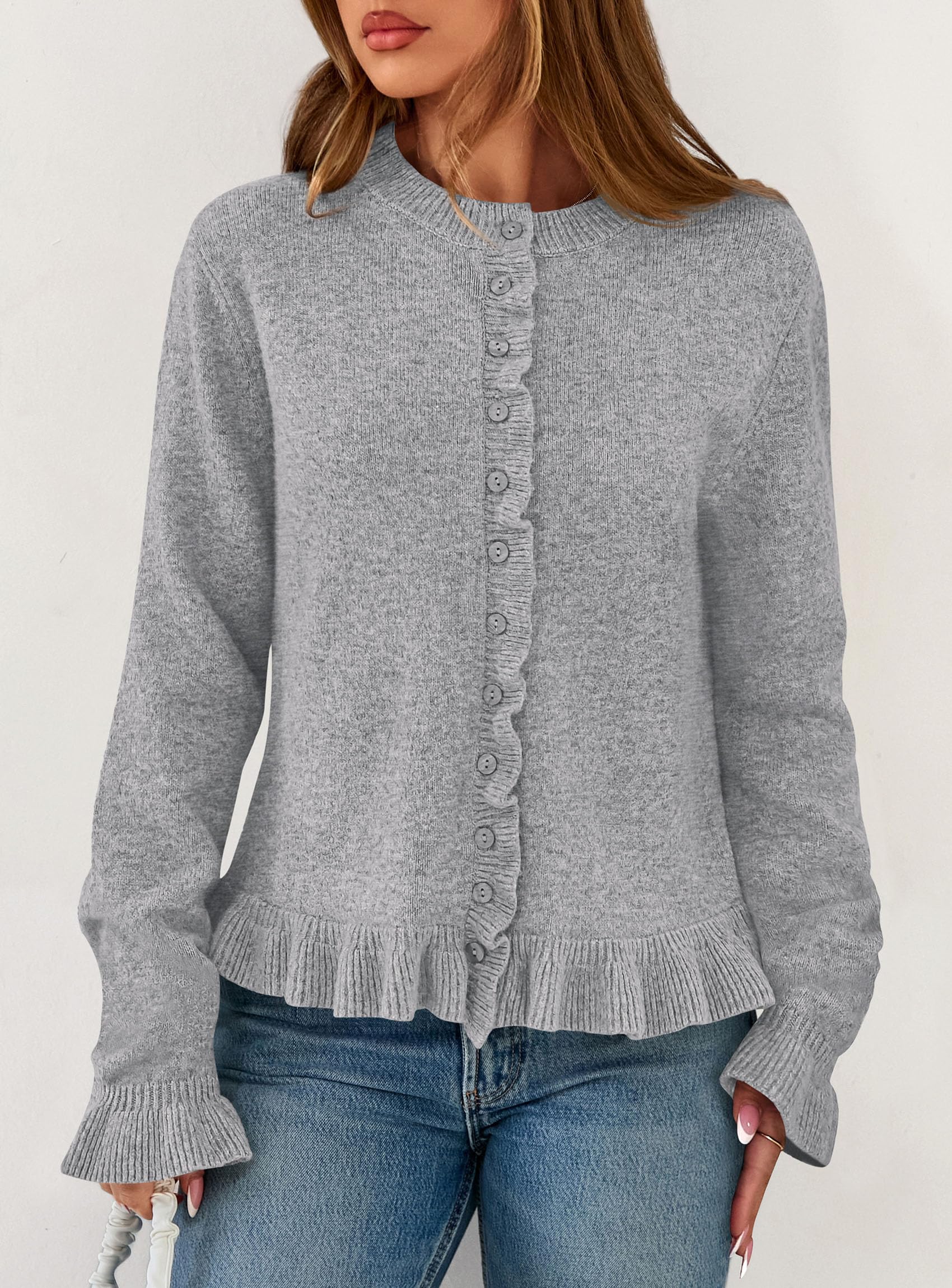 PRETTYGARDEN Womens Fall Button Down Cardigans Chunky Knit Ruffle Open Front Cropped Cardigan Sweaters Soft Long Sleeve Tops