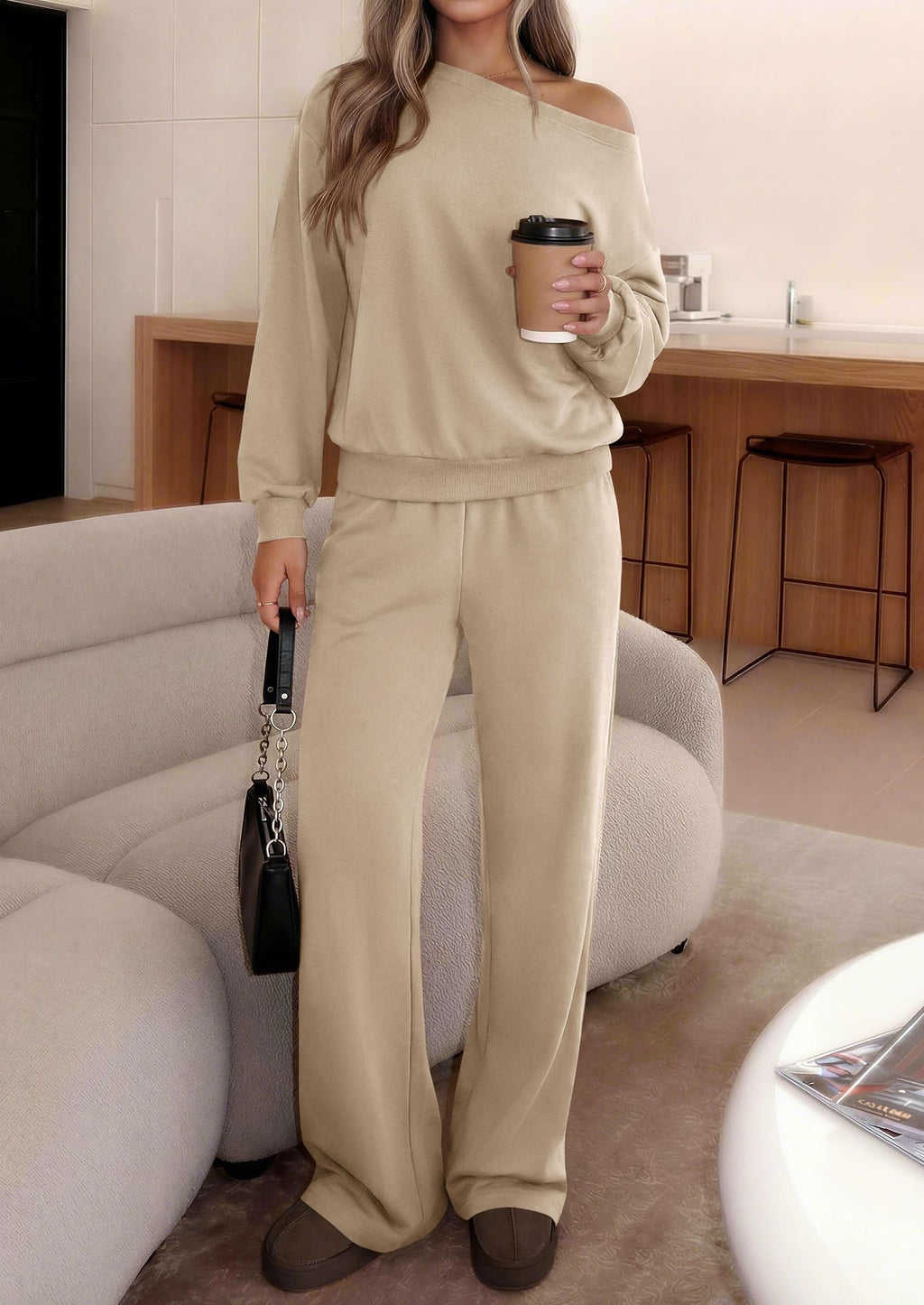 PRETTYGARDEN Womens 2 Piece Casual Matching Lounge Sets Fashion Off the Shoulder Sweatshirt, Wide Leg Pants with Pockets, Comfy Airport Travel Outfit,Trendy Fall Set