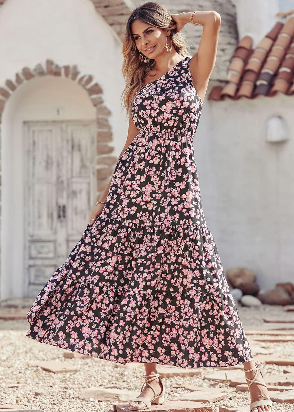 PRETTYGARDEN Women's Summer Floral One Shoulder Maxi Dress Knot Ruffle Boho Beach Vacation Wedding Guest Long Sun Dresses