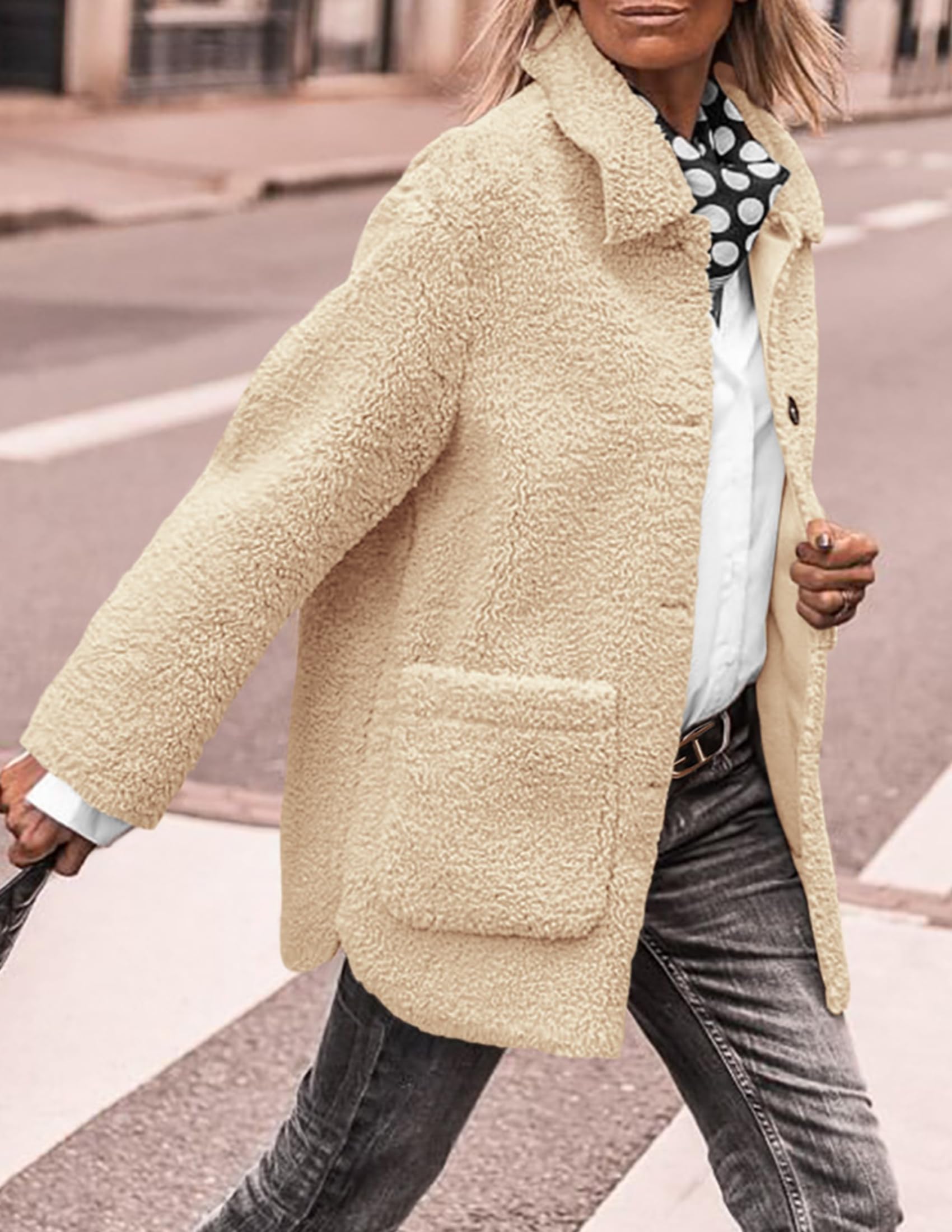 PRETTYGARDEN Women's Winter Faux Fur Coats Long Sleeve Lapel Button Down Pockets Fleece Sherpa Jacket Casual Trendy Outerwear