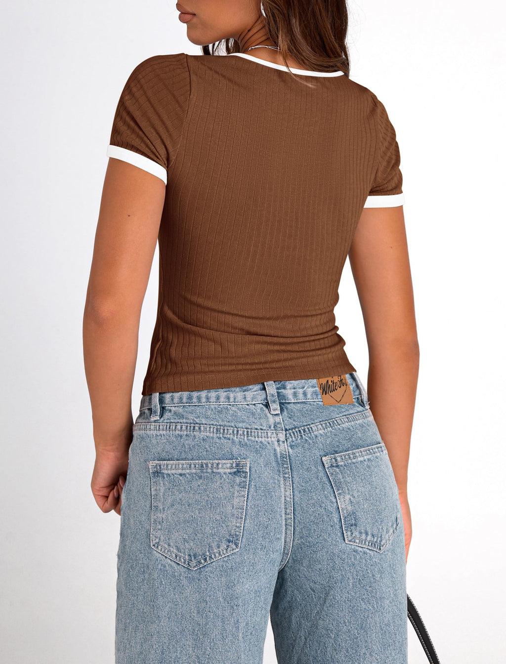 PRETTYGARDEN Women's Summer Short Sleeve T Shirts Ribbed Knit Square Neck Color Block Slim Fit Basic Casual Crop Tops Blouses