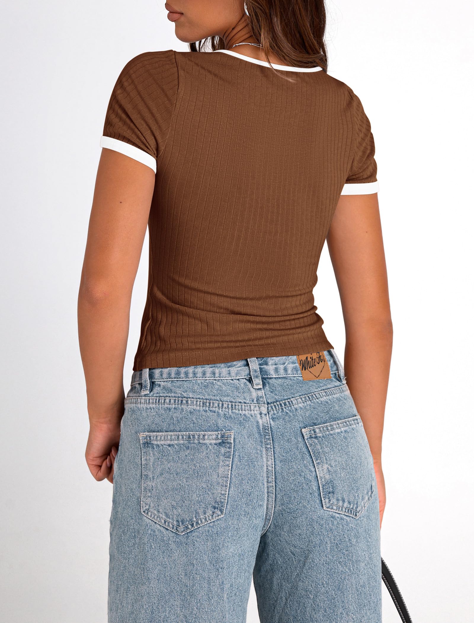PRETTYGARDEN Women's Summer Short Sleeve T Shirts Ribbed Knit Square Neck Color Block Slim Fit Basic Casual Crop Tops Blouses