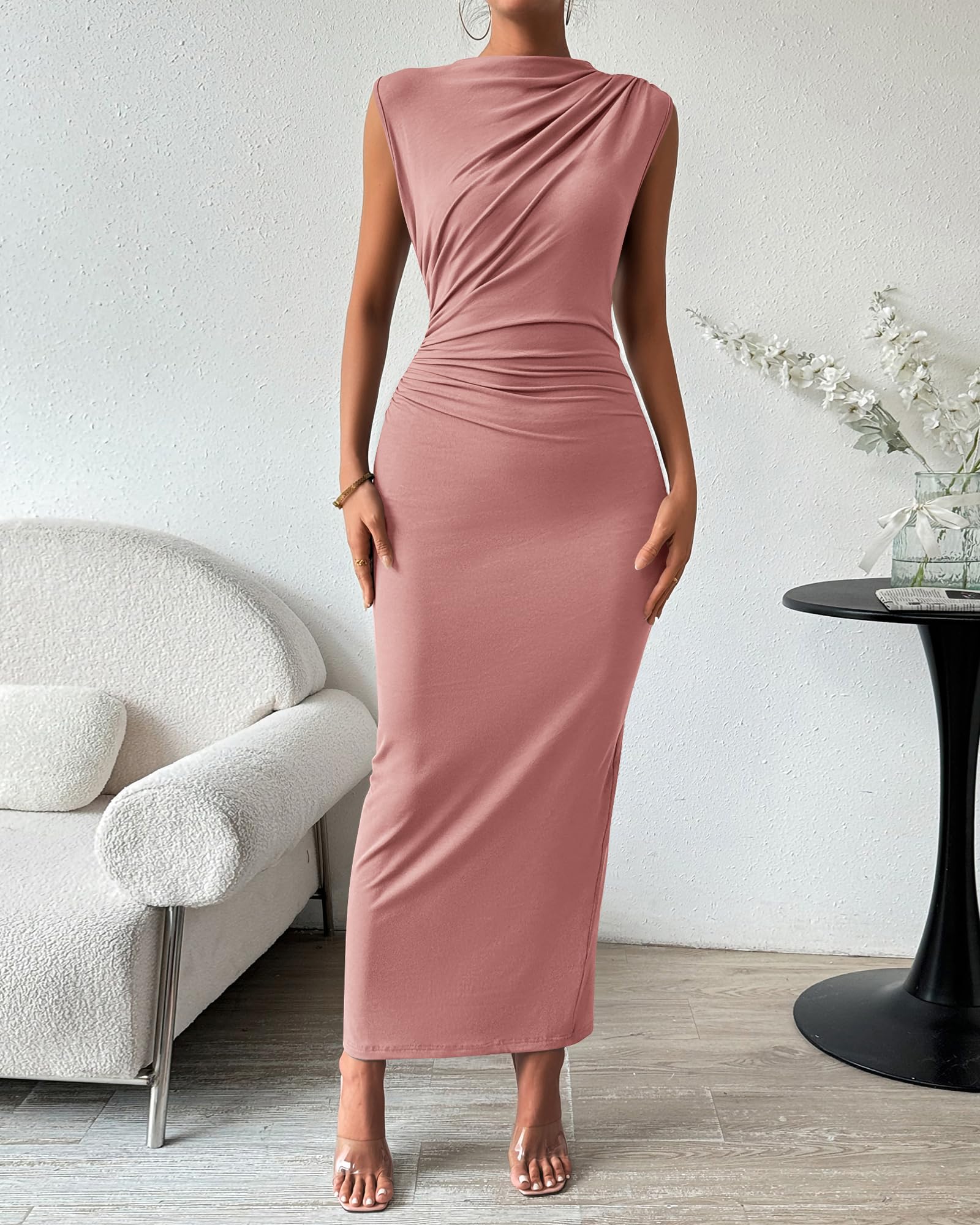 BTFBM Women's Ruched Bodycon Dress Summer Casual Sleeveless Lightweight Back Slit Elegant Club Party Cocktail Maxi Dresses