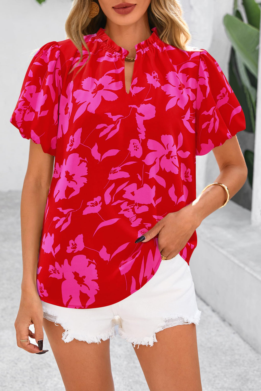 PRETTYGARDEN Boho Short Sleeve Floral Work Blouses for Women Dressy Casual V Neck Puff Sleeve Loose Chiffon Flowy Tops Shirts
