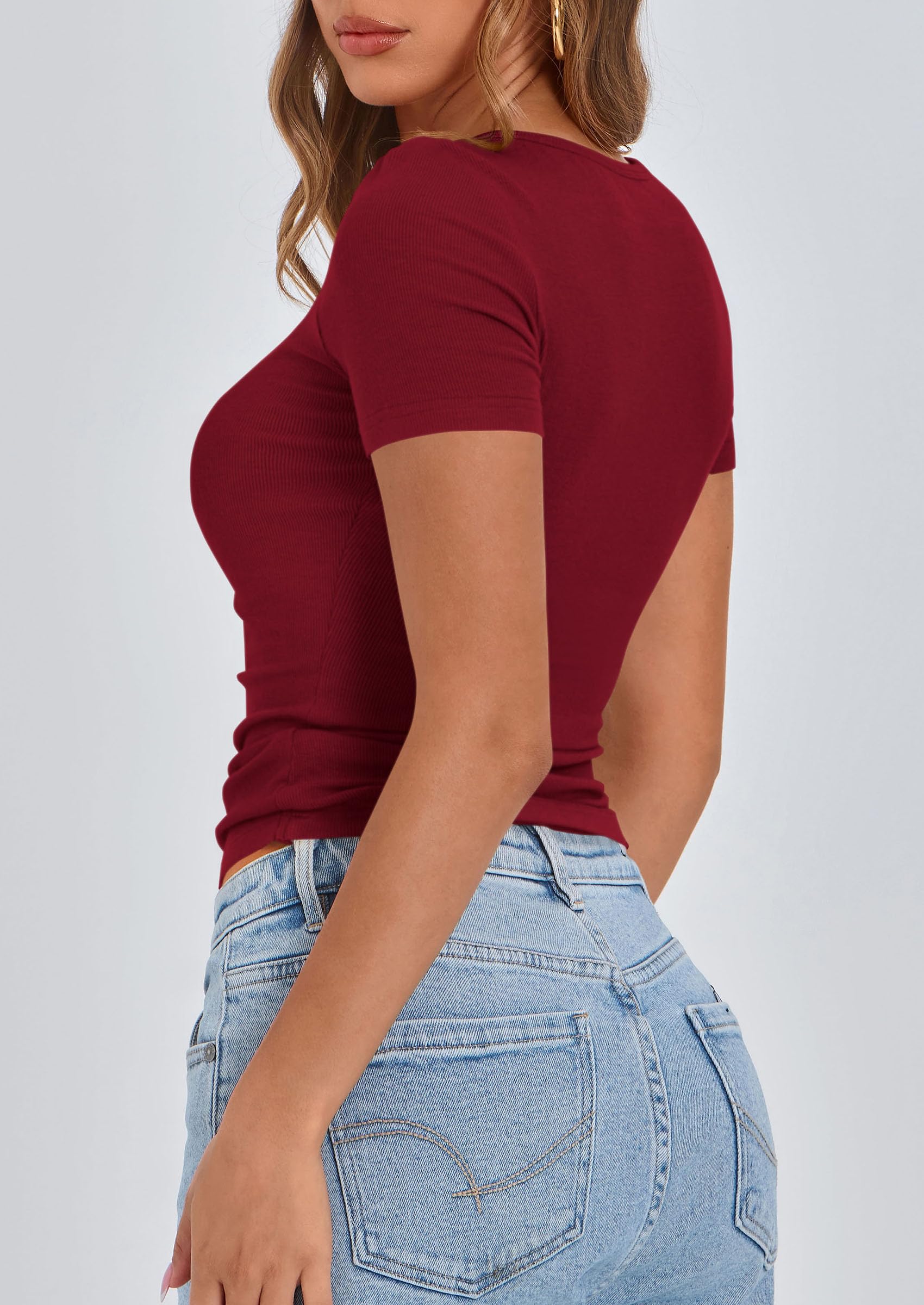PRETTYGARDEN Women's  Fall Summer Short Sleeve Tops Ribbed Henley Button Slim Fit Basic Casual T Shirts Blouse Clothing