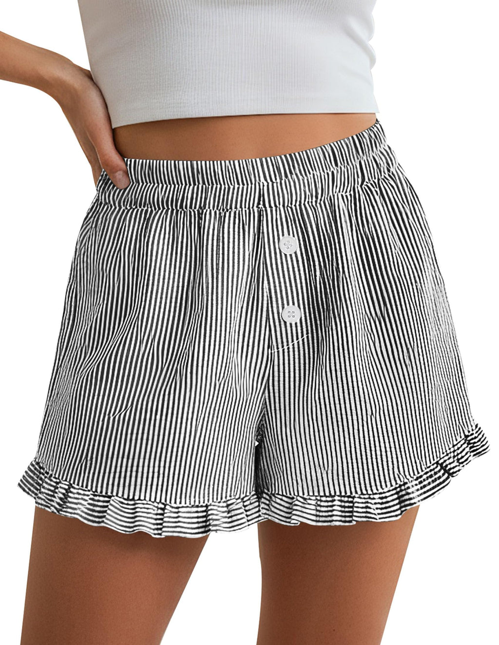PRETTYGARDEN Womens Boxer Shorts Y2K Ruffle Pajama Summer Spring Lounge Sleep Striped Casual Beach Pj Bottoms Pockets