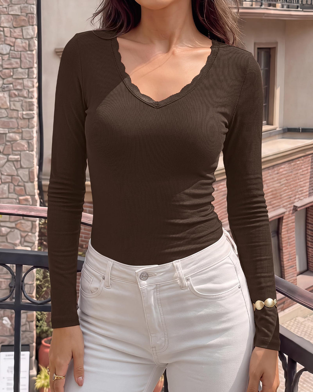 BTFBM Lace Deep V Neck Fitted Long Sleeve Shirts for Women | Womens Fall Fashion, Casual T Shirt, Base Layer, Basic Undershirts, Slim Fit Going Out Tops, Date Night Out Outfits
