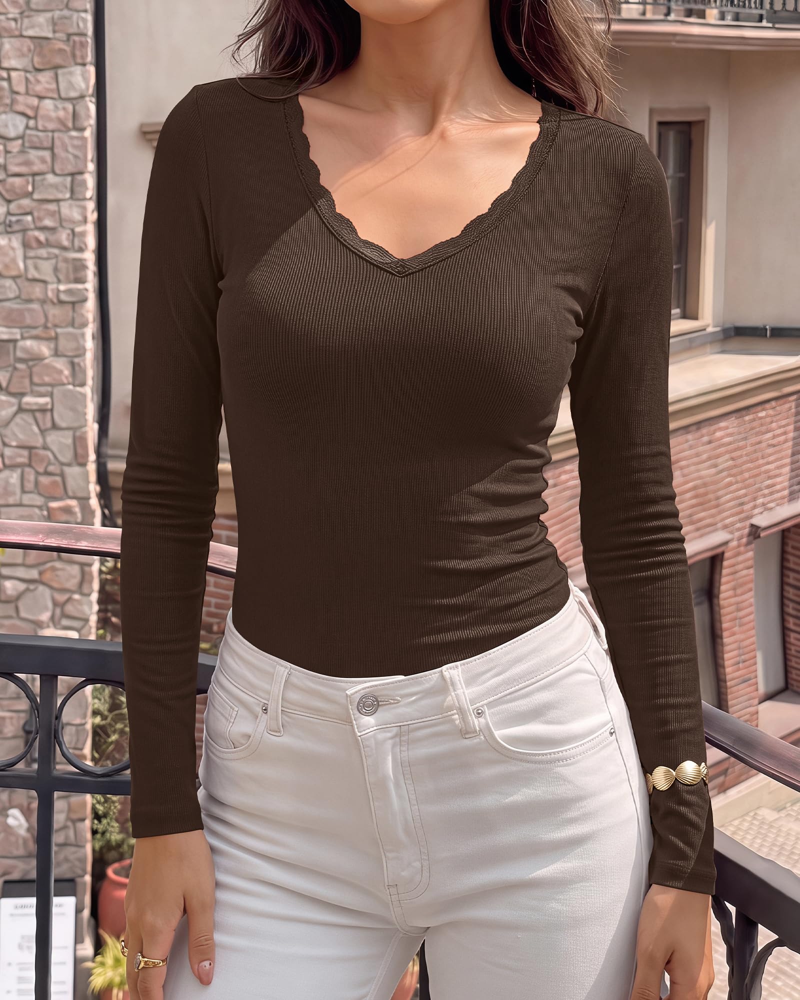 BTFBM Lace Deep V Neck Fitted Long Sleeve Shirts for Women | Womens Fall Fashion, Casual T Shirt, Base Layer, Basic Undershirts, Slim Fit Going Out Tops, Date Night Out Outfits