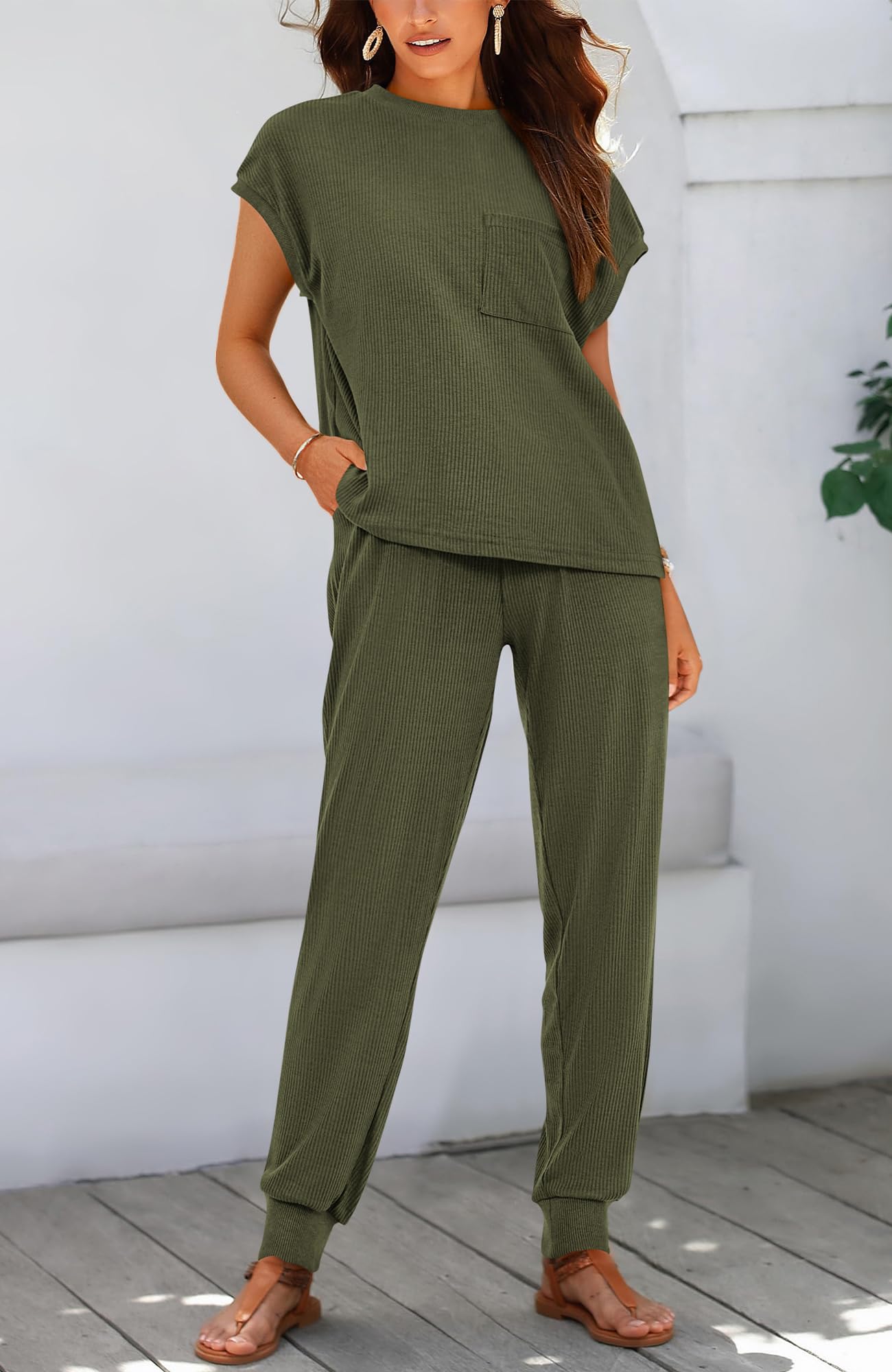 BTFBM Women's Two Piece Tracksuit Outfits Summer Short Sleeve Tops Long Pants Jogger Lounge Matching Sets Sweatsuit