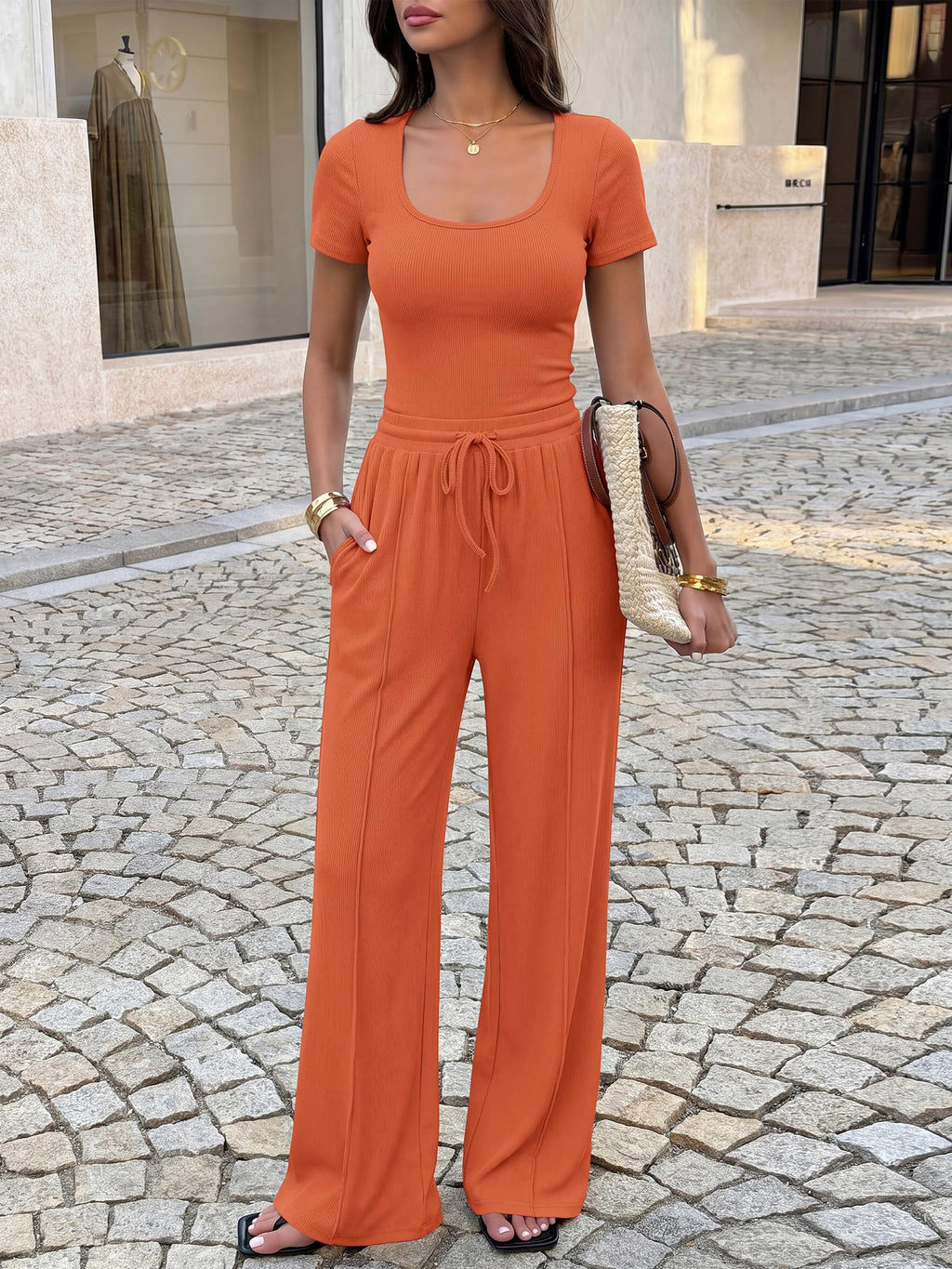 BTFBM Womens Summer 2 Piece Outfits Square Neck Short Sleeve Drawstring Pants Knit Spring Lounge Matching Sets