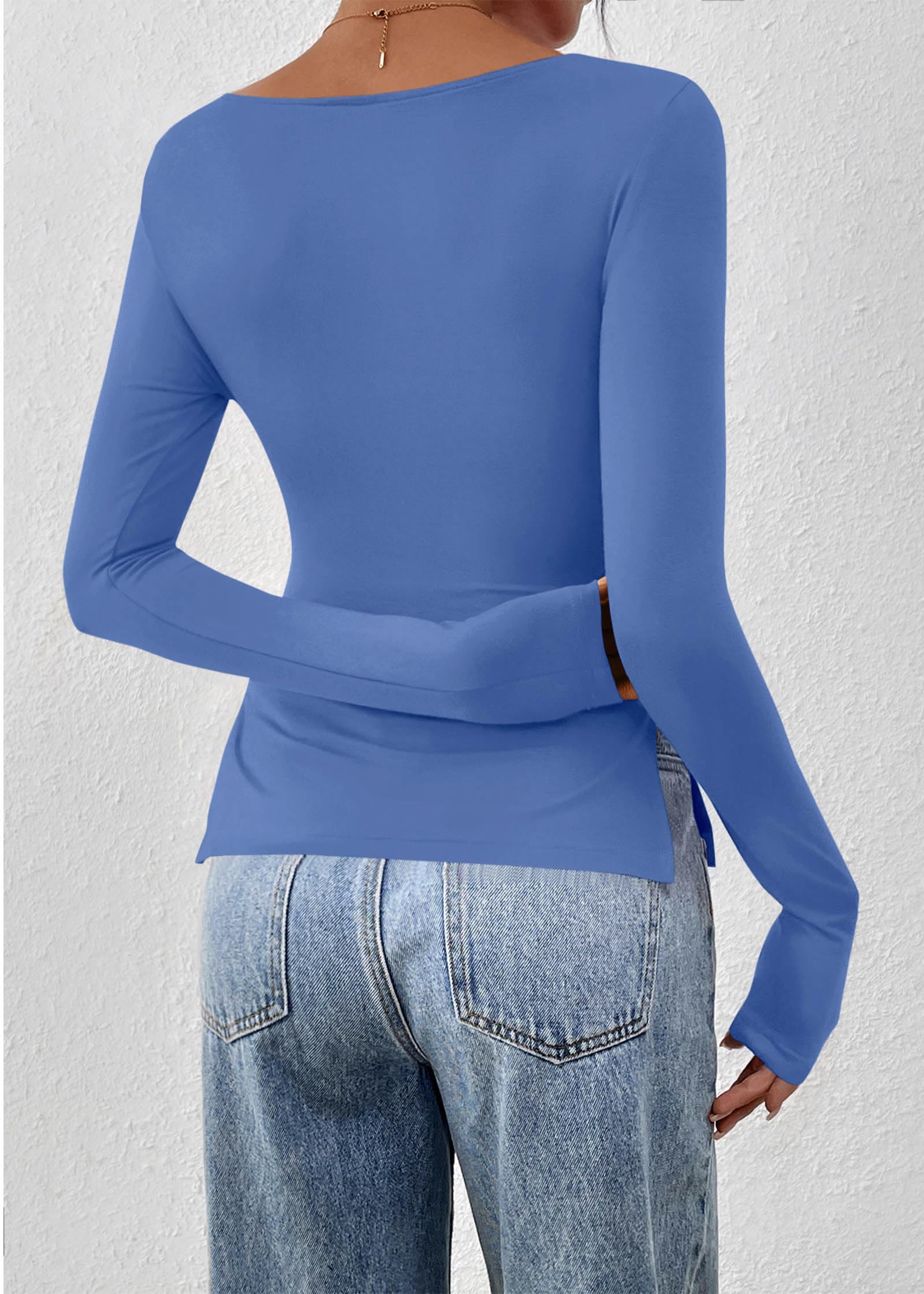FreshPretty Long Sleeve Shirts for Women Fall Casual Boat Neck Knit Workout Going Out Tops Fitted Side Slit Basic Tees