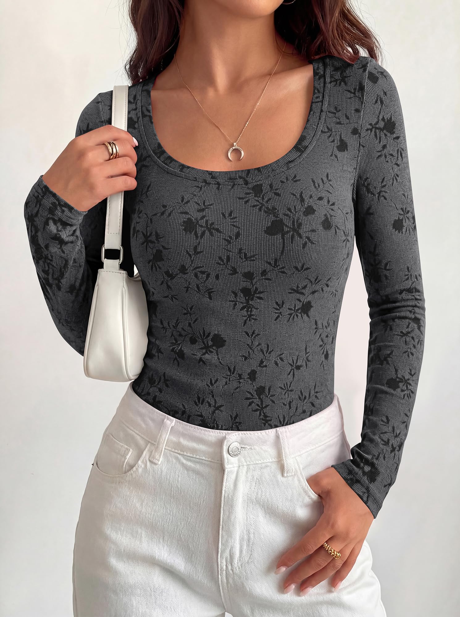 BTFBM Women's Long Sleeve Scoop Neck Shirts Floral Tops | Casual Women Fall Clothes, Ribbed Slim Fitted T-Shirts, y2k Fashion Clothing, Concert Going Out Top, Club Date Night Outfits