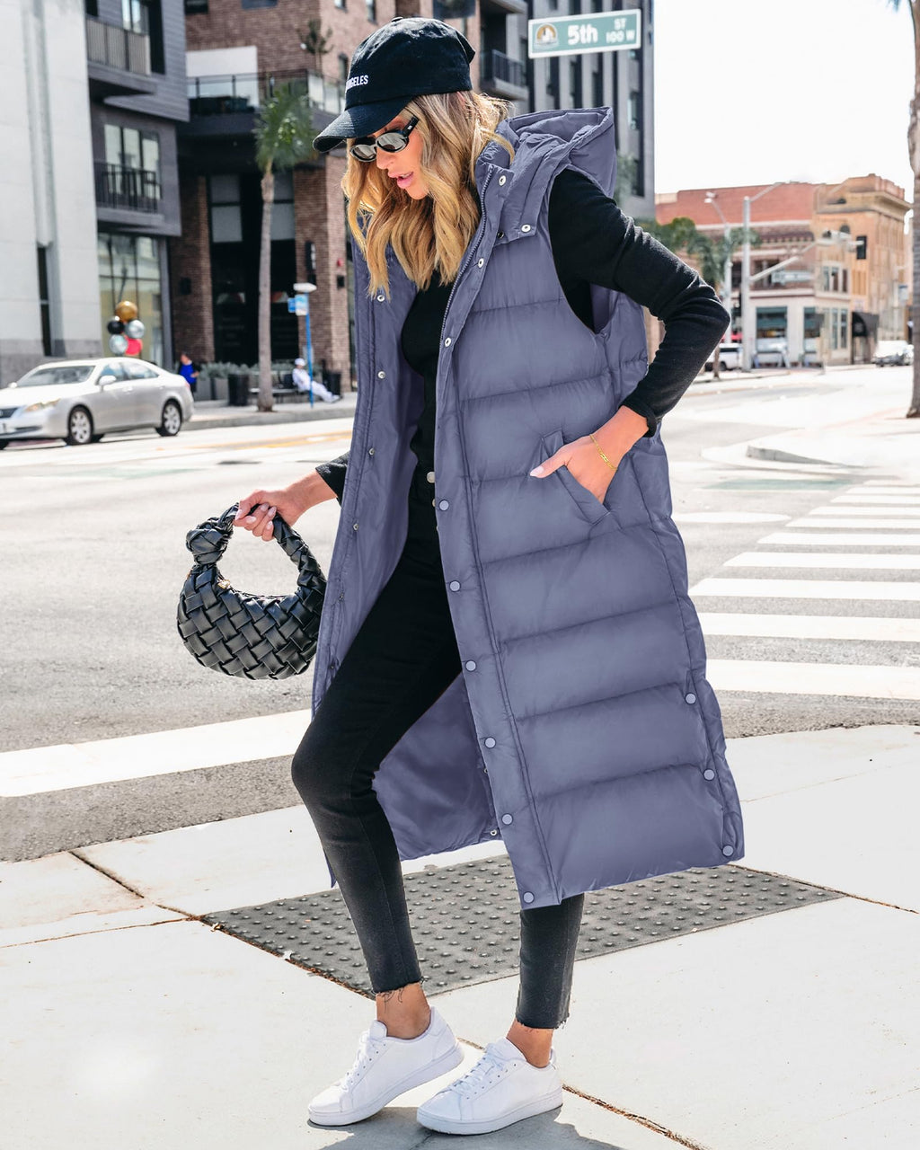 BTFBM Long Puffer Vest Women Quilted Hooded Button Down Zip Up Sleeveless Vests Outerwear Padded Jacket Fall Winter Coat