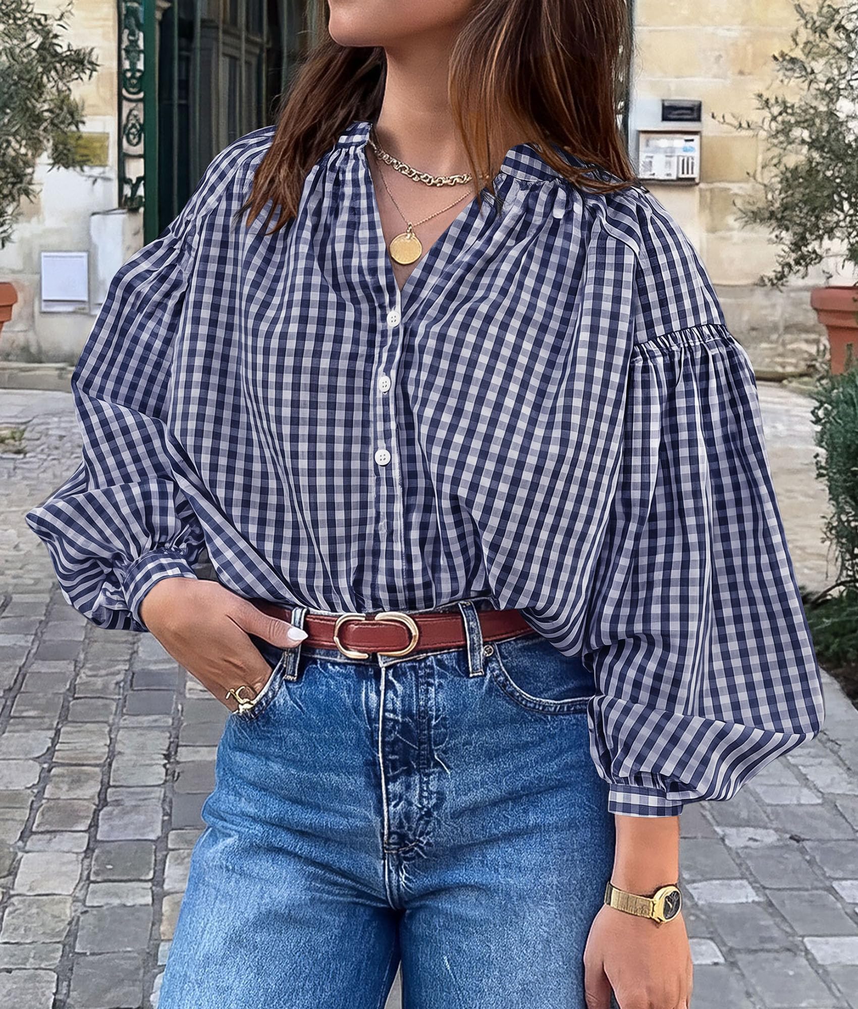 PRETTYGARDEN Women Fall Plaid Long Puff Sleeve Shirts V Neck Casual Blouses Gingham Button Down Oversized, Pleated Drop Shoulder Cotton Tops, Dressy Casual, Work Vacation Travel, Fall Outfits Trendy