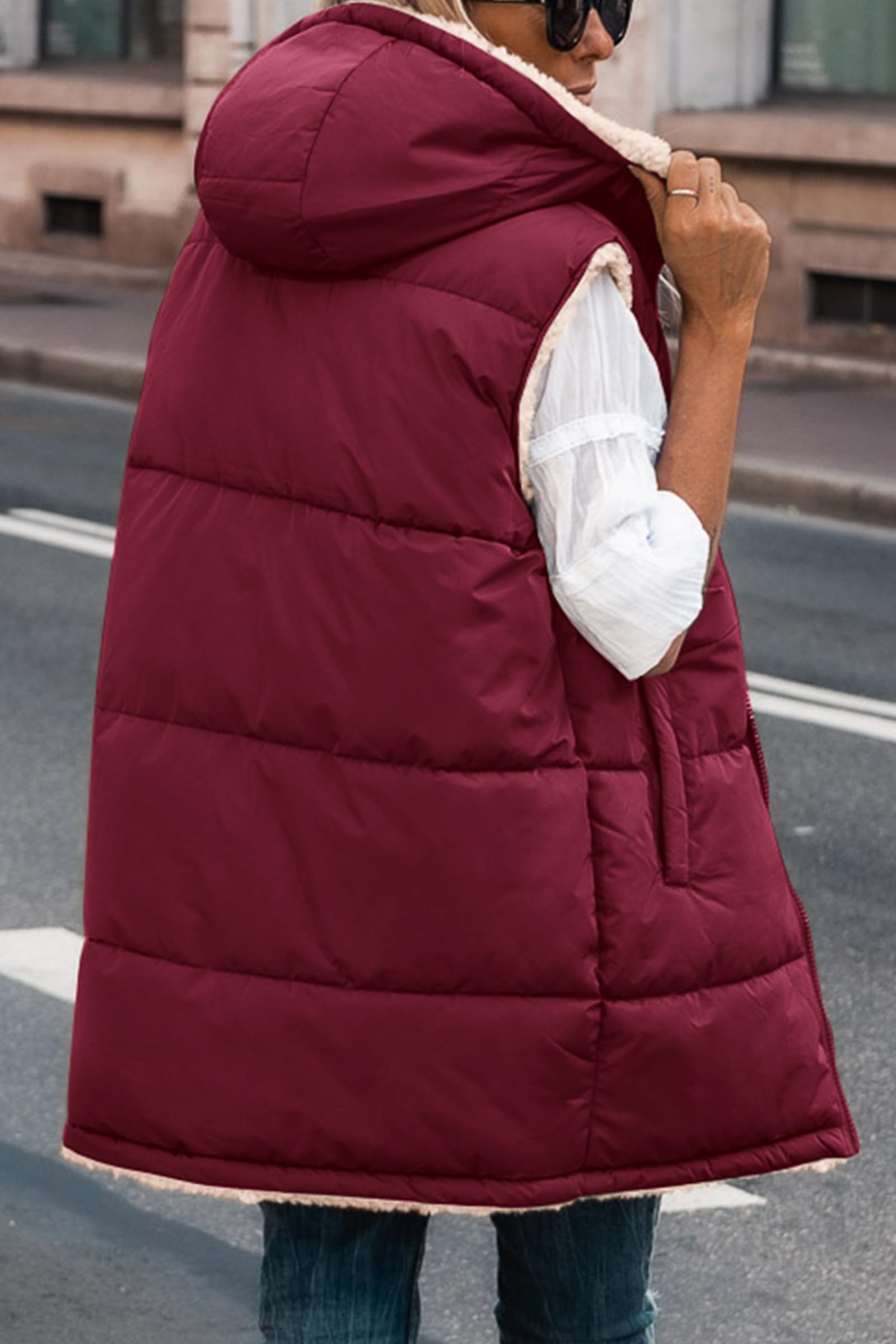 PRETTYGARDEN Womens Fall Reversible Long Vests Sleeveless Fleece Jacket Zip Up Hoodie Pockets Warm Coat Winter Clothing