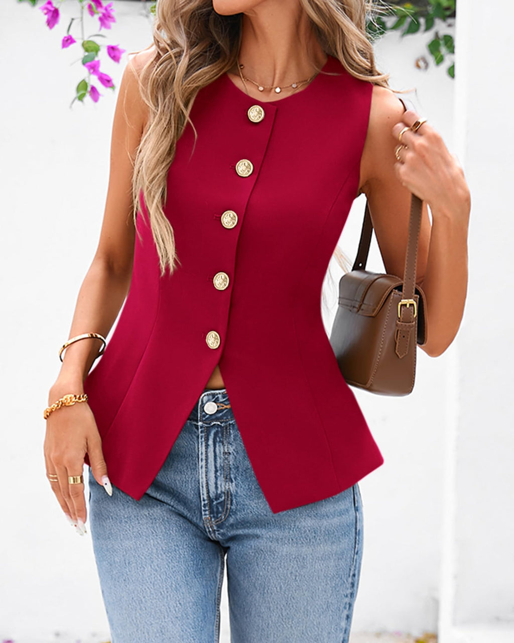 BTFBM Summer Sleeveless Blazer Vest For Women Dressy Button Down Round Neck Business Casual Outfits Work Suit Vests Tops