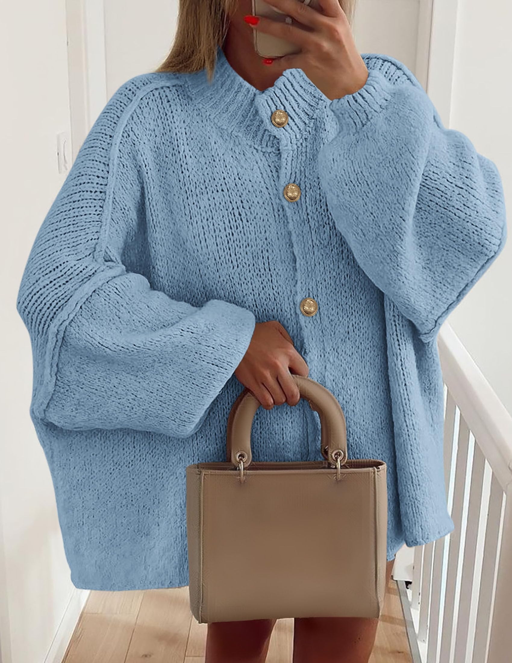 PRETTYGARDEN Women's Winter Button Down Cardigan Sweaters Mock Neck Lantern Long Sleeve Chunky Knit Jacket Trendy Outerwear