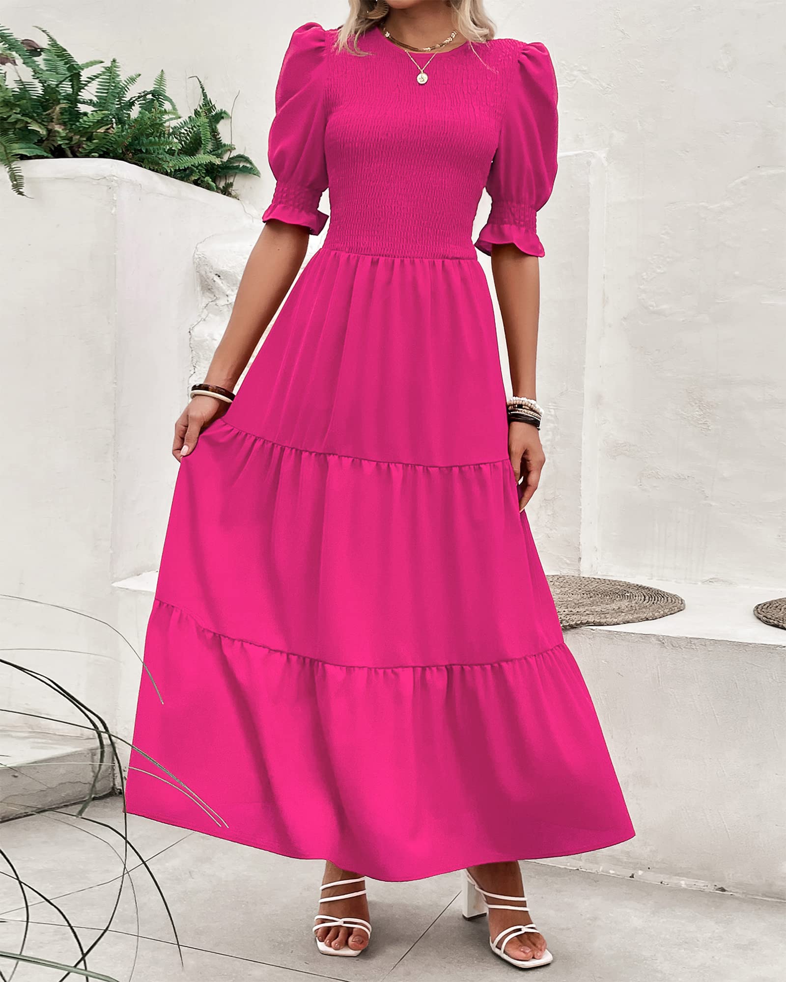 FreshPretty Women Casual Summer Dresses Spring Crew Neck Ruffle Short Sleeve Floral Print Smocked Boho Flowy Maxi Dress