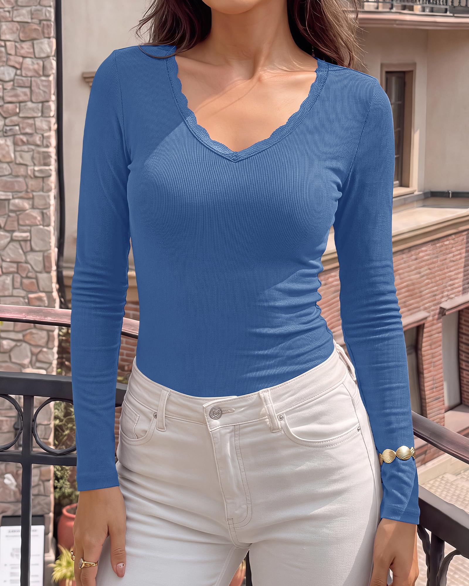 BTFBM Lace Deep V Neck Fitted Long Sleeve Shirts for Women | Womens Fall Fashion, Casual T Shirt, Base Layer, Basic Undershirts, Slim Fit Going Out Tops, Date Night Out Outfits