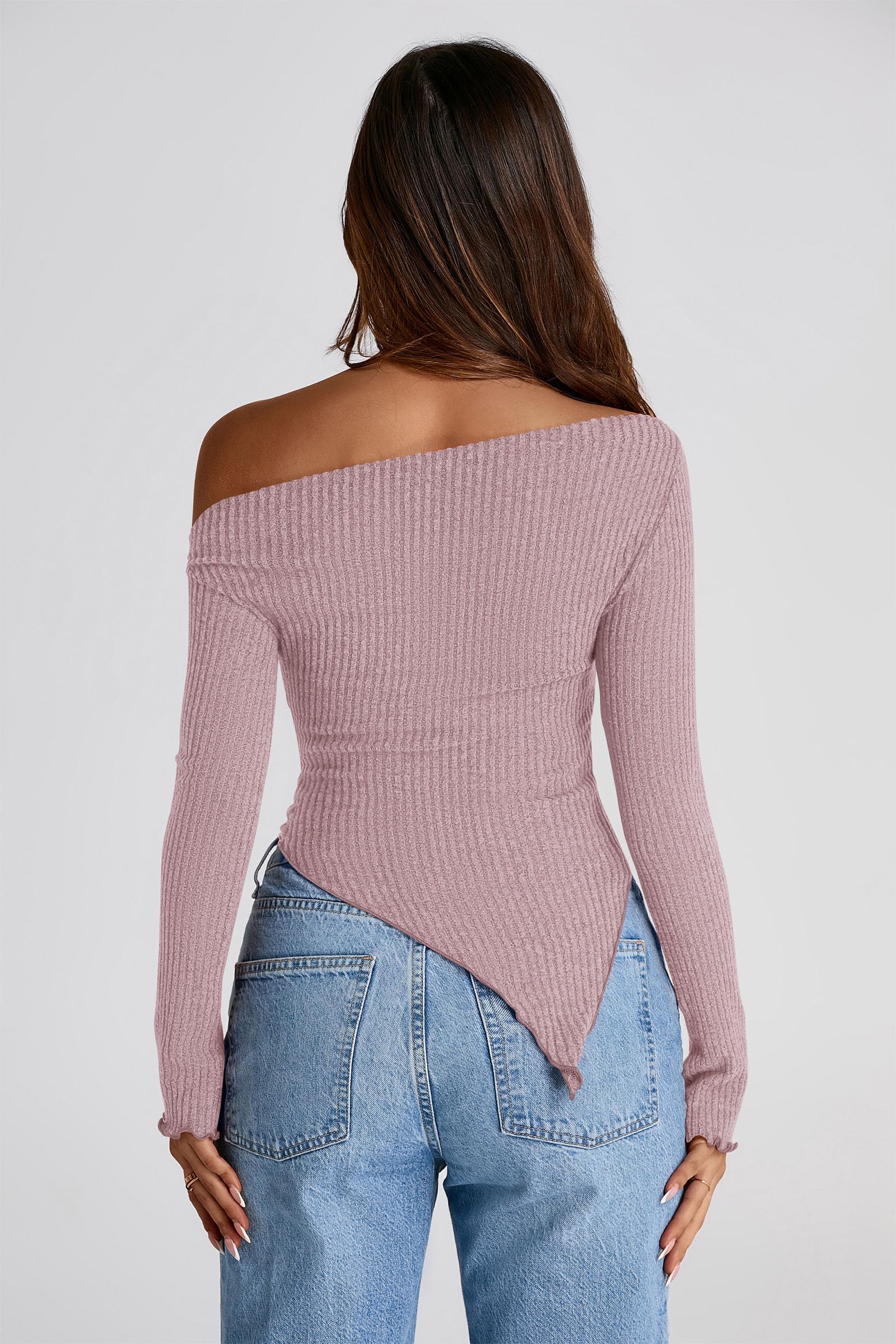 PRETTYGARDEN Women's Spring Long Sleeve Y2K Crop Top Trendy Off Shoulder Asymmetrical Fitted Knit Tee Shirts Going Out Tops