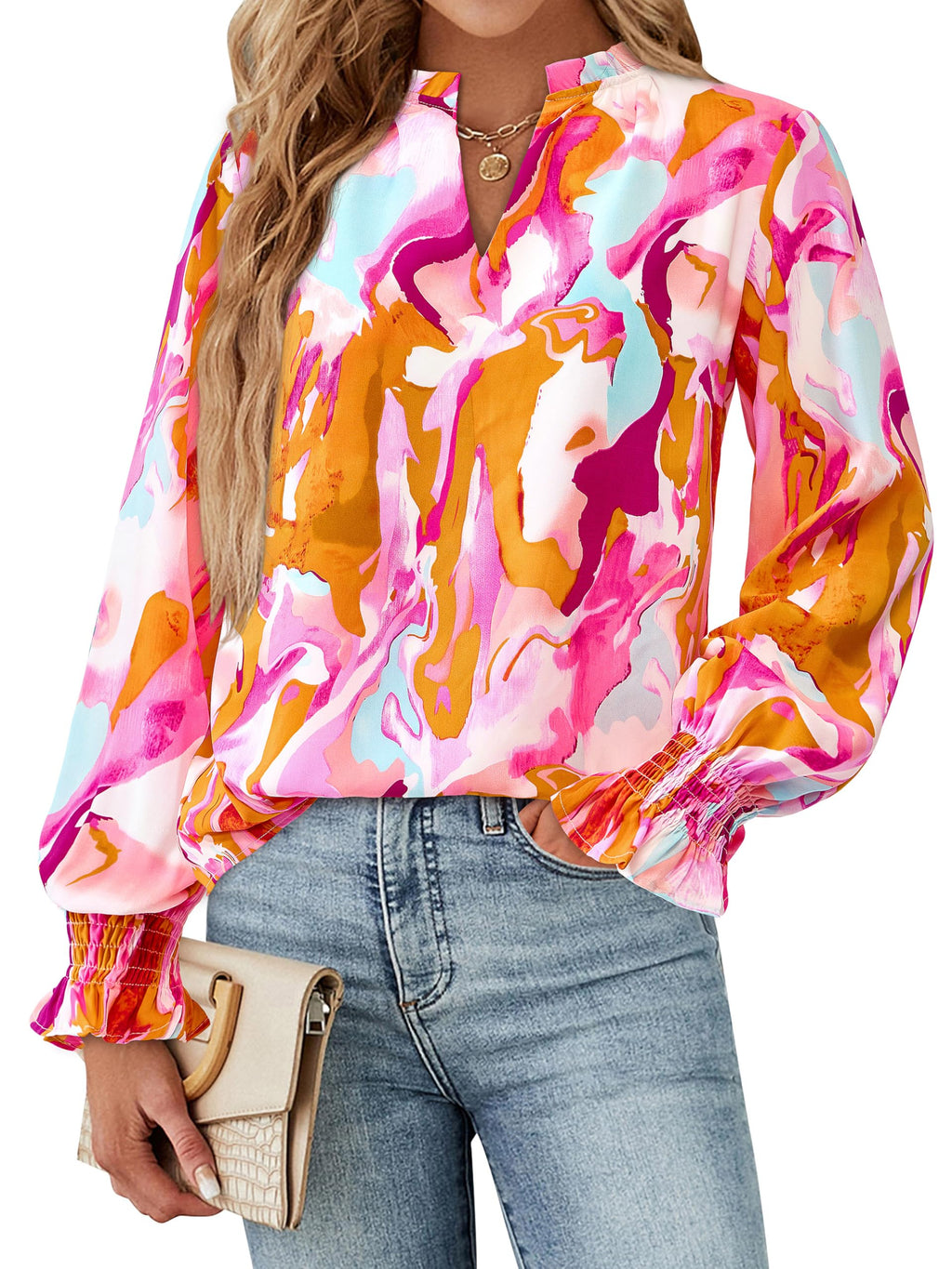 FreshPretty Womens V Neck Floral Long Sleeve Tops Summer Casual Loose Puff Sleeve Chiffon Boho Work Blouse Dressy T Shirts