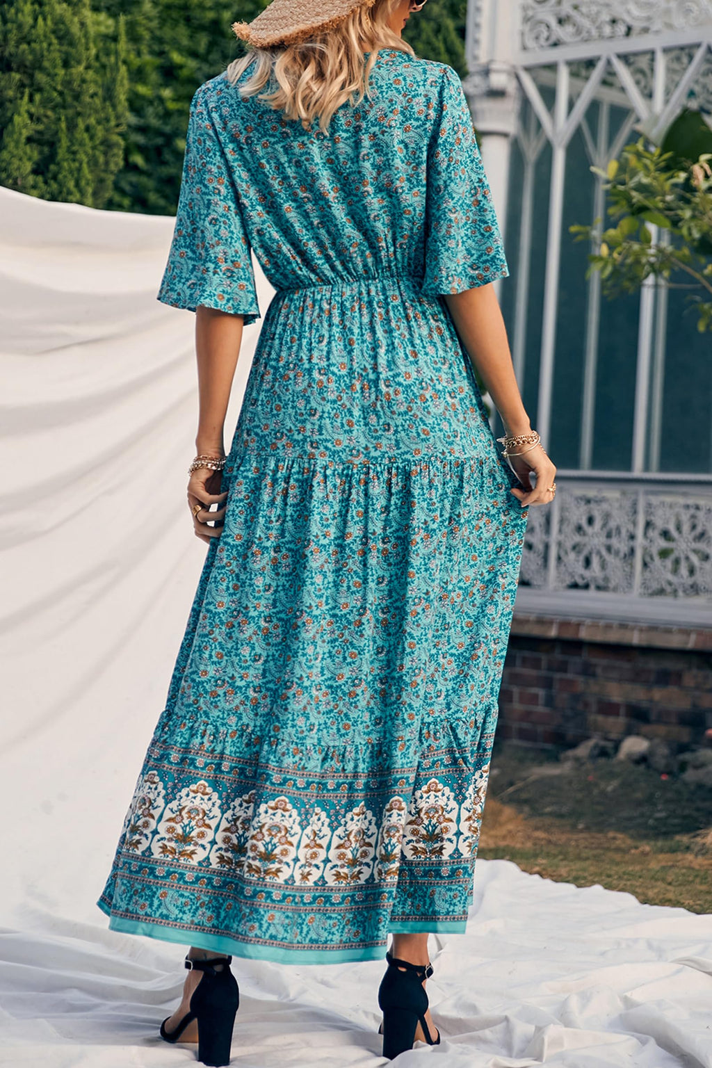 PRETTYGARDEN Women's Casual Summer Boho Floral Print Dress V Neck Short Sleeve High Waist Long Maxi Beach Dresses