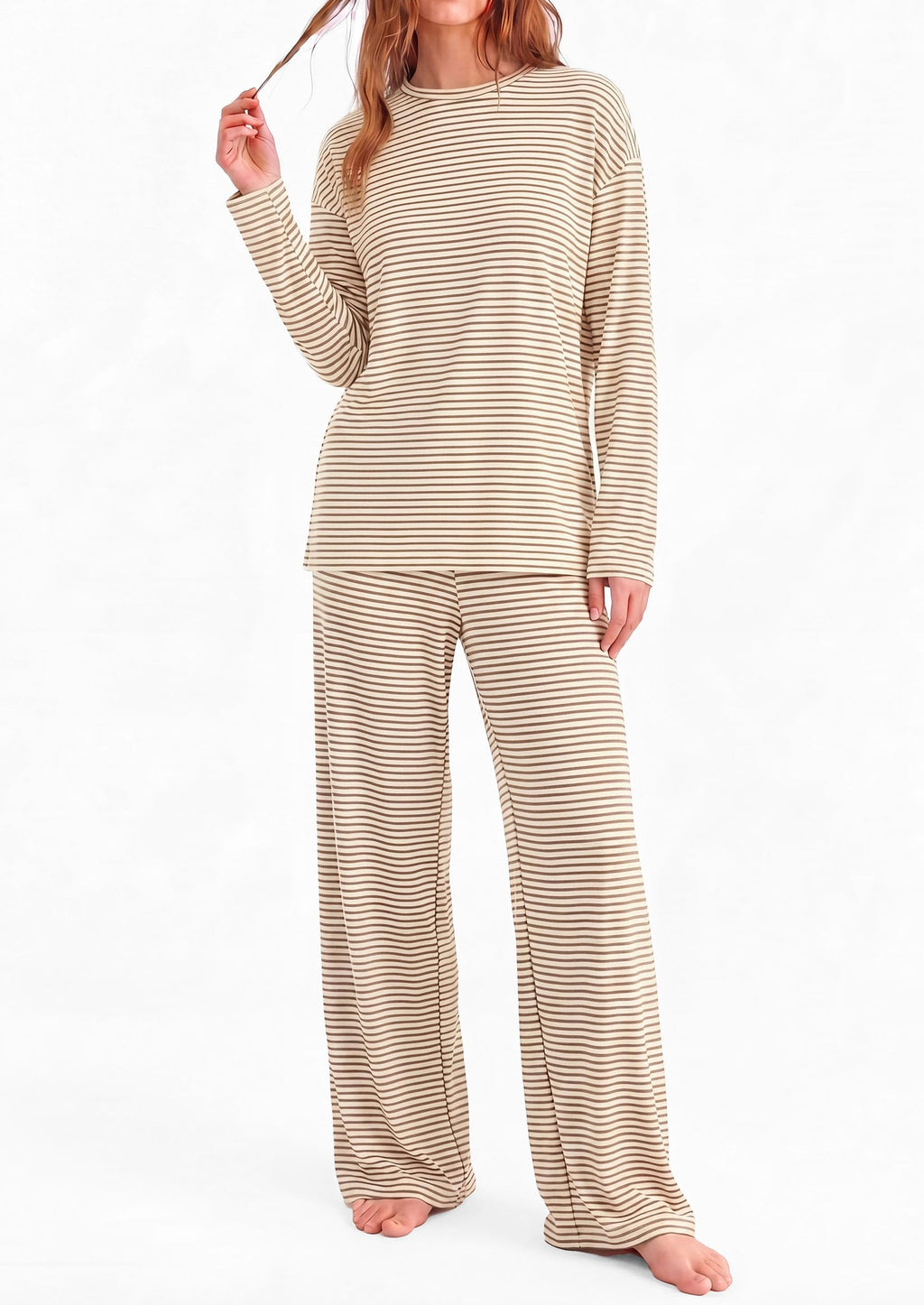 PRETTYGARDEN Womens Striped Lounge Set Fall Winter 2 Piece Sets Side Slit Long Sleeve T-Shirts & Wide Leg Pants, Matching Pajama Sets, Comfy Pj Set, Loungewear with Pockets, Fashion Clothes
