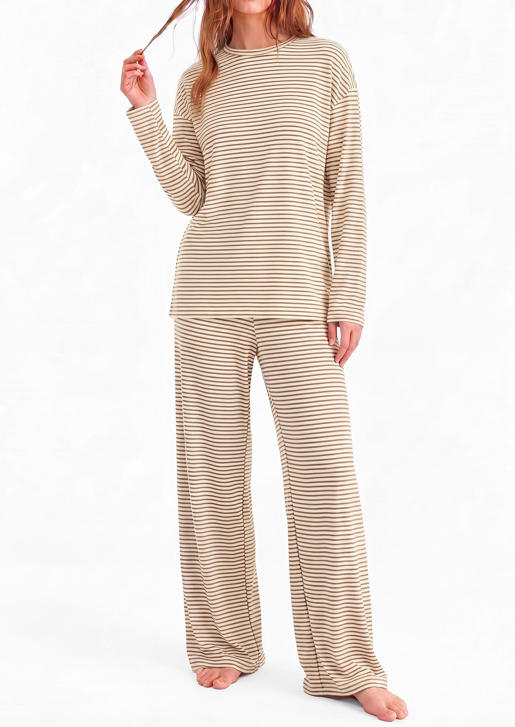 PRETTYGARDEN Womens Striped Lounge Set Fall Winter 2 Piece Sets Side Slit Long Sleeve T-Shirts & Wide Leg Pants, Matching Pajama Sets, Comfy Pj Set, Loungewear with Pockets, Fashion Clothes
