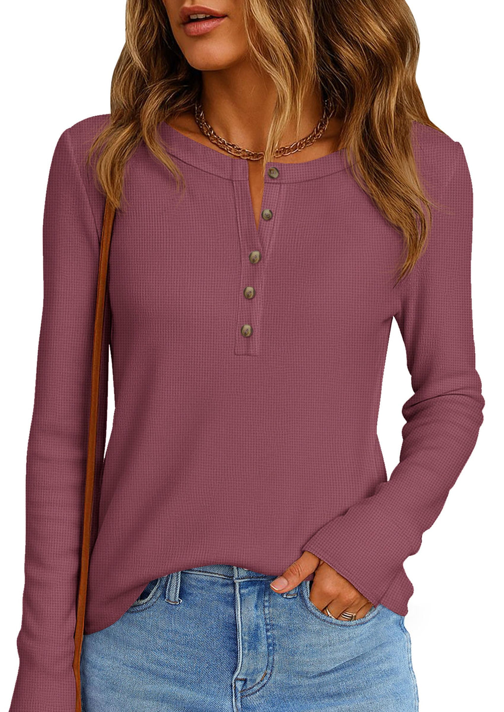 PRETTYGARDEN Women's Long Sleeve Waffle Knit Shirts Fall Casual Button Up Henley V Neck Tunic Tops Loose Fit Basic Tees