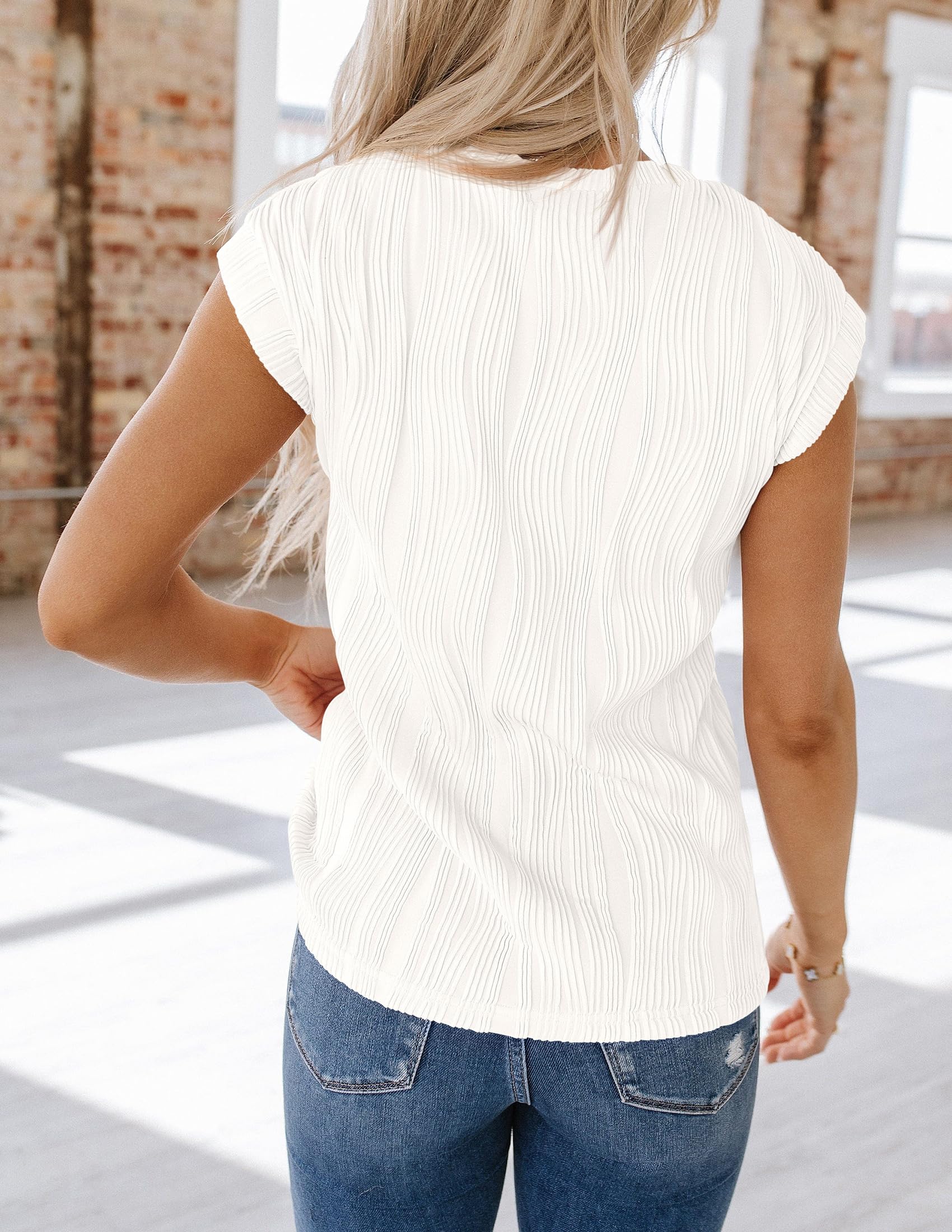PRETTYGARDEN Blouses for Women Dressy Casual Spring Summer Business Office Tops Cap Sleeve Textured Cute Work Shirt