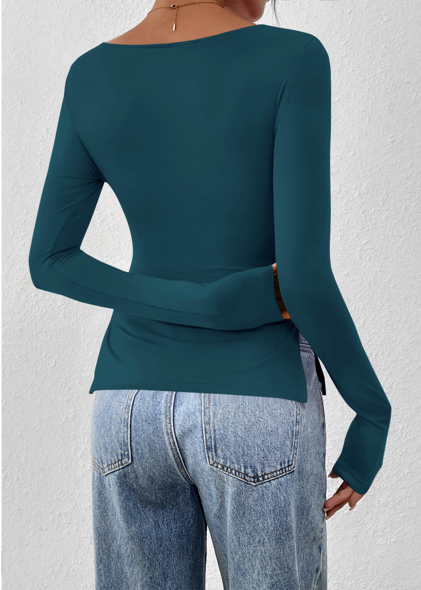 FreshPretty Long Sleeve Shirts for Women Fall Casual Boat Neck Knit Workout Going Out Tops Fitted Side Slit Basic Tees
