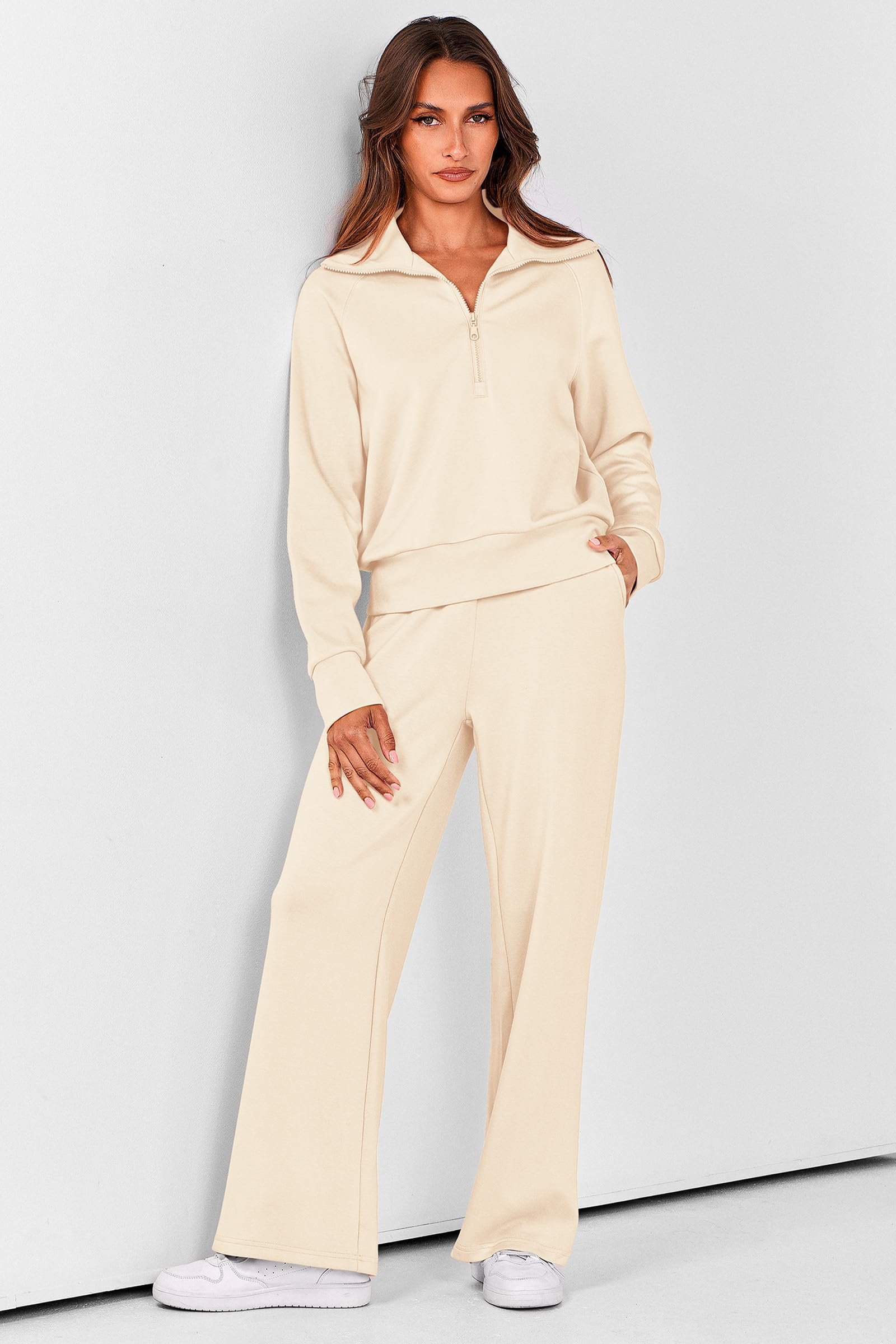 PRETTYGARDEN Women's 2 Piece Outfits Casual Lapel Half Zip Sweatshirts and Wide Leg Pants Tracksuit Sets